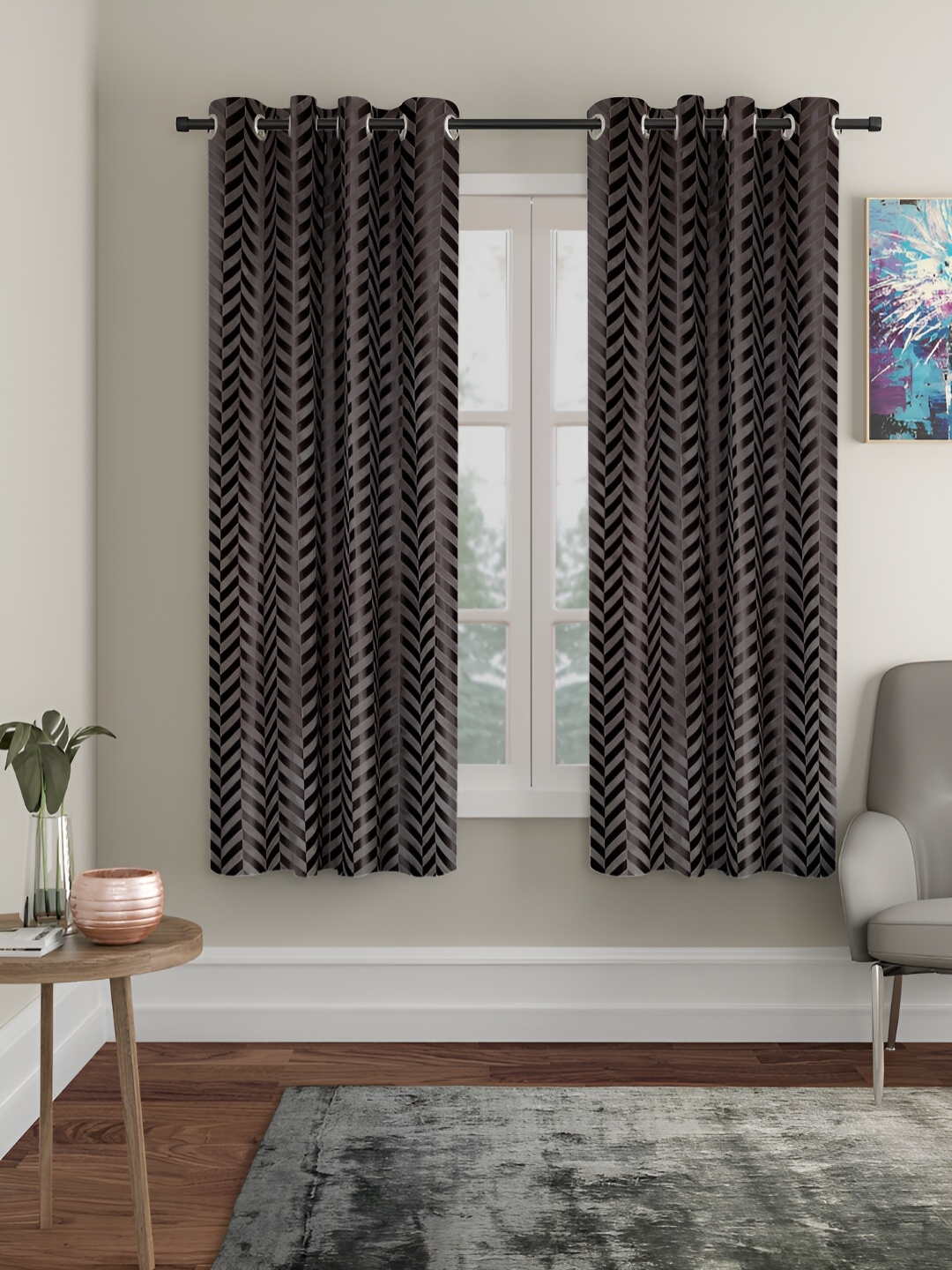 

SOKNACK Grey & Silver Toned 2 Pieces Geometric Printed Black Out Window Curtains
