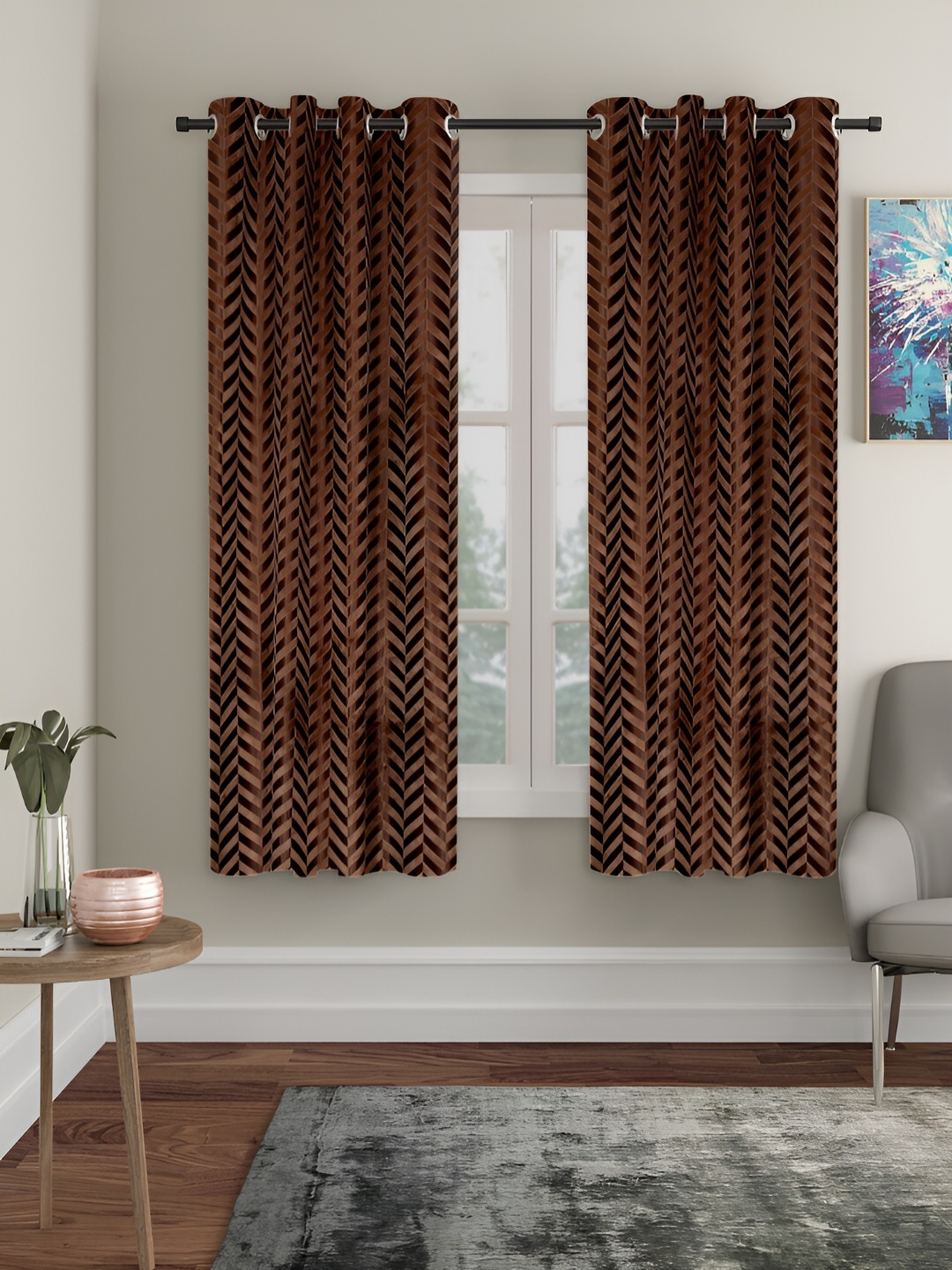 

SOKNACK Brown & Beige 2 Pieces Geometric Printed Black Out Window Curtains