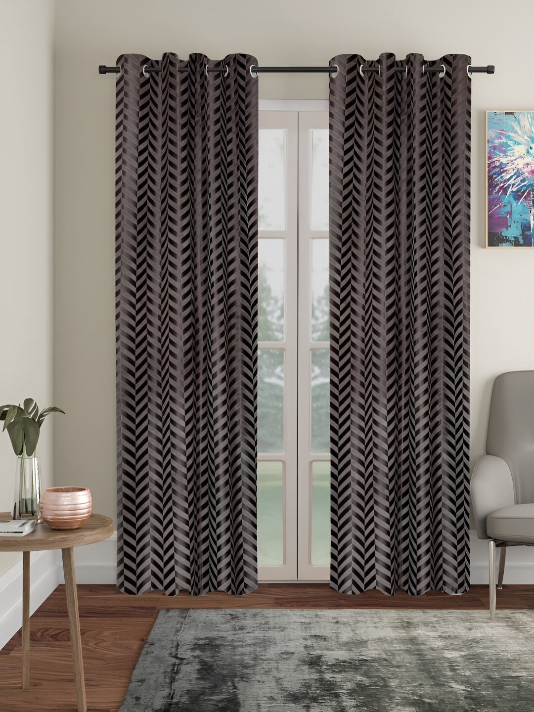 

SOKNACK Grey & Silver Toned 2 Pieces Geometric Printed Black Out Long Door Curtains