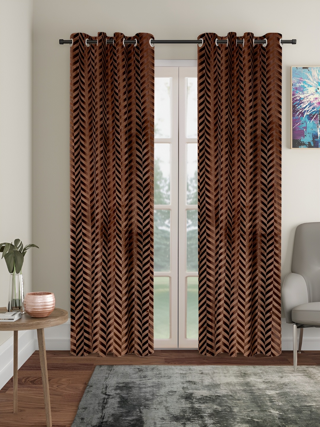 

SOKNACK Brown & Beige 2 Pieces Geometric Printed Black Out Long Door Curtains