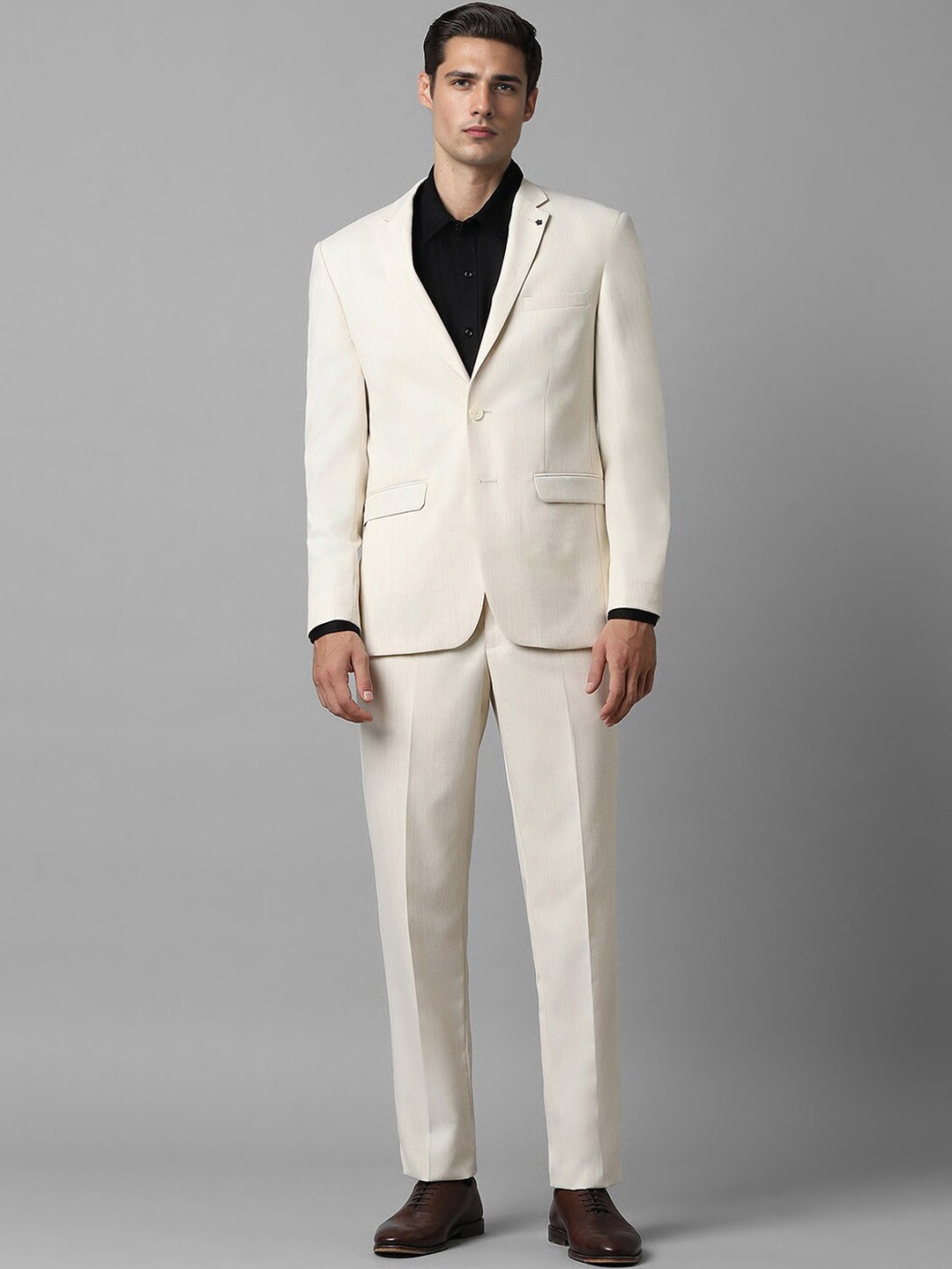 

Louis Philippe Slim Fit Textured Single-Breasted Two Piece Formal Suit, Cream