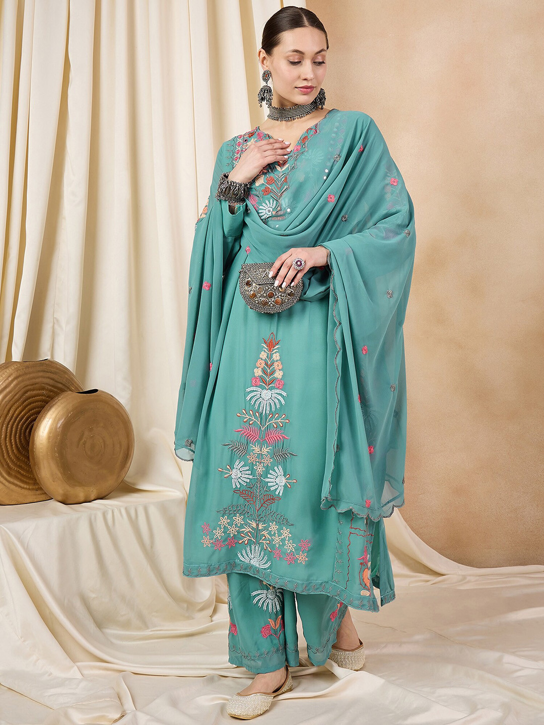 

KAVINDI Ethnic Motifs Embroidered Thread Work Straight Kurta With Palazzos & Dupatta, Turquoise blue