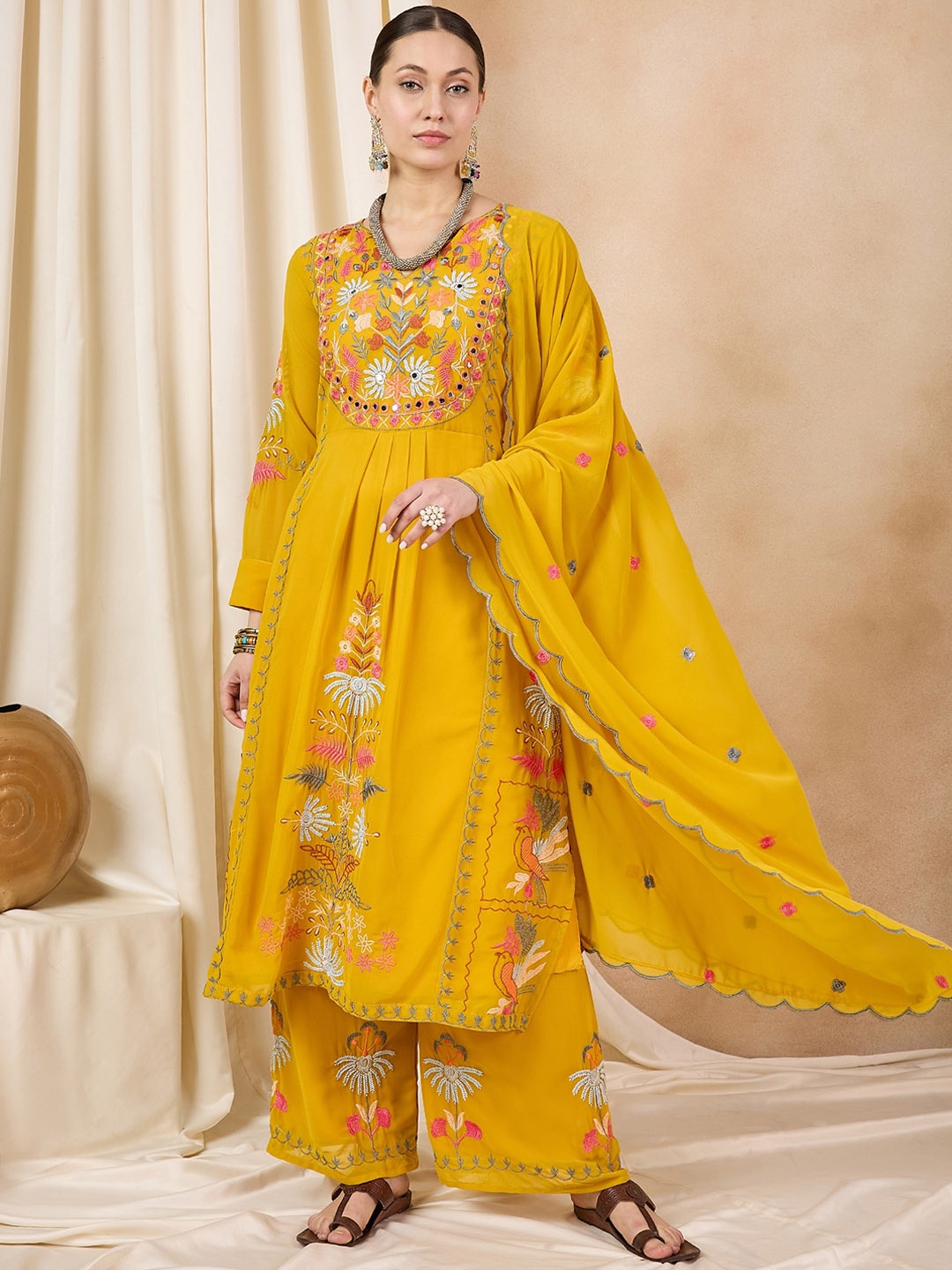 

KAVINDI Ethnic Motifs Embroidered Thread Work Anarkali Kurta With Palazzos & Dupatta, Yellow