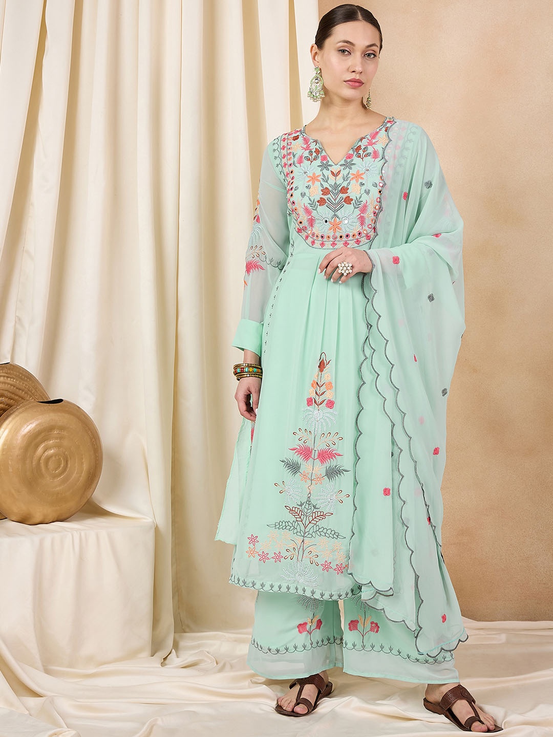 

KAVINDI Ethnic Motifs Embroidered Thread Work Anarkali Kurta With Palazzos & Dupatta, Sea green