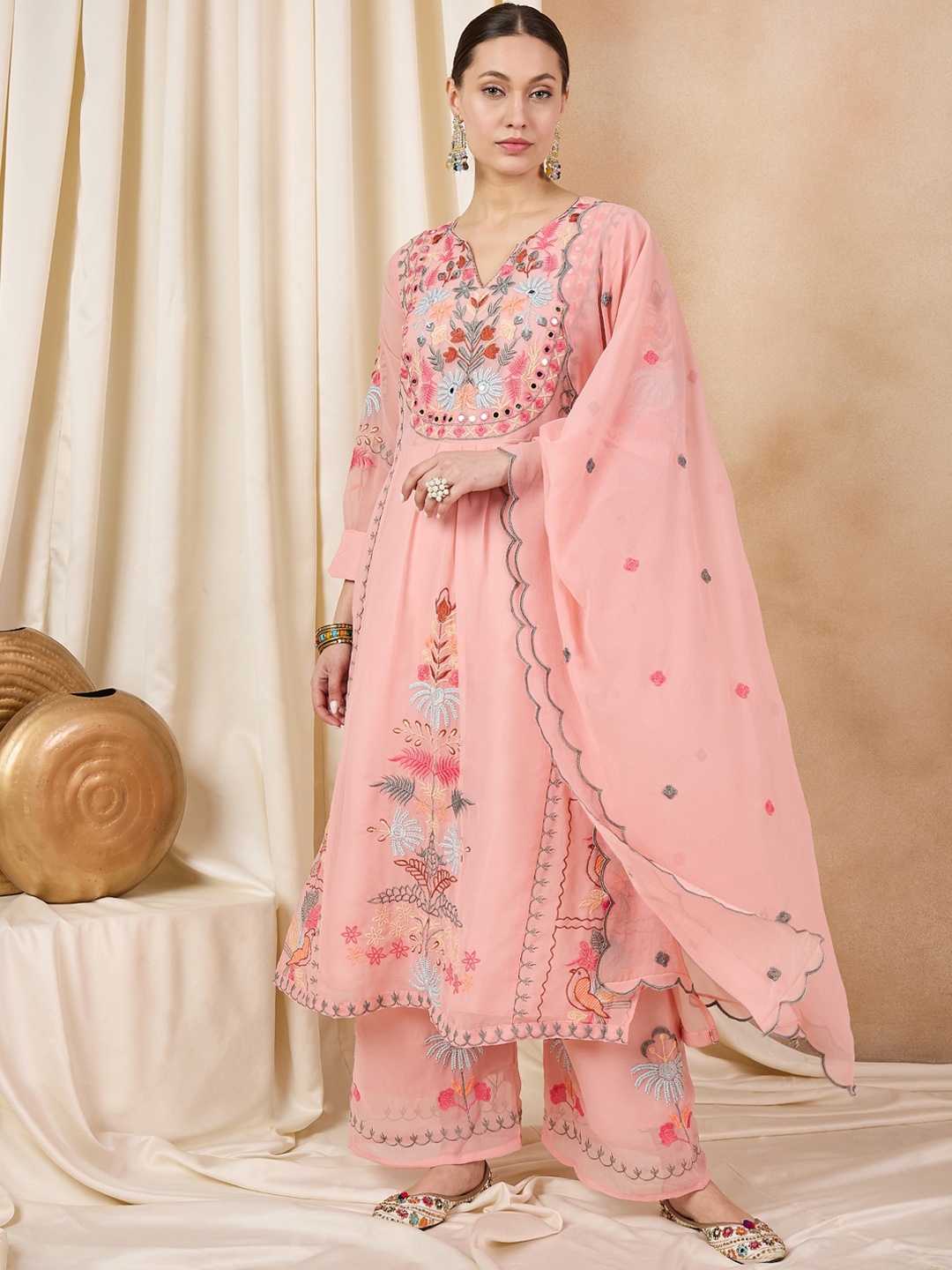 

KAVINDI Floral Embroidered Thread Work Anarkali Kurta With Palazzos & Dupatta, Peach