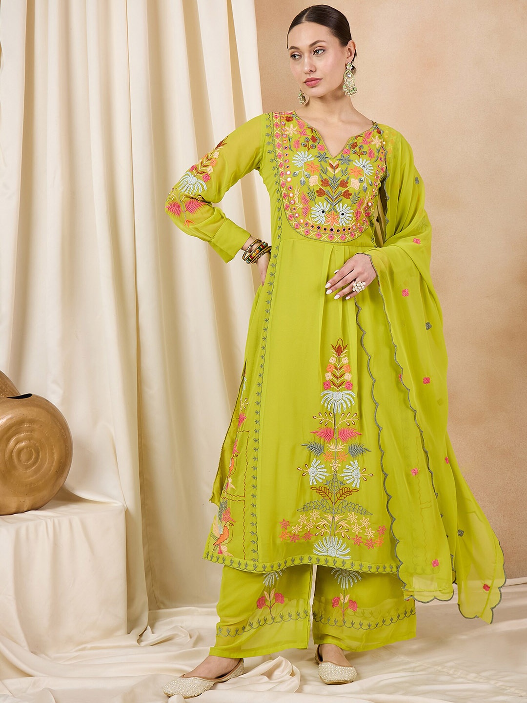 

KAVINDI Ethnic Motifs Embroidered Thread Work Straight Kurta With Palazzos & Dupatta, Lime green