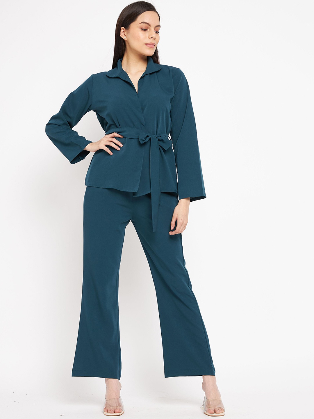 

Fashfun Shirt Collar Long Sleeves Shirt With Trousers, Teal