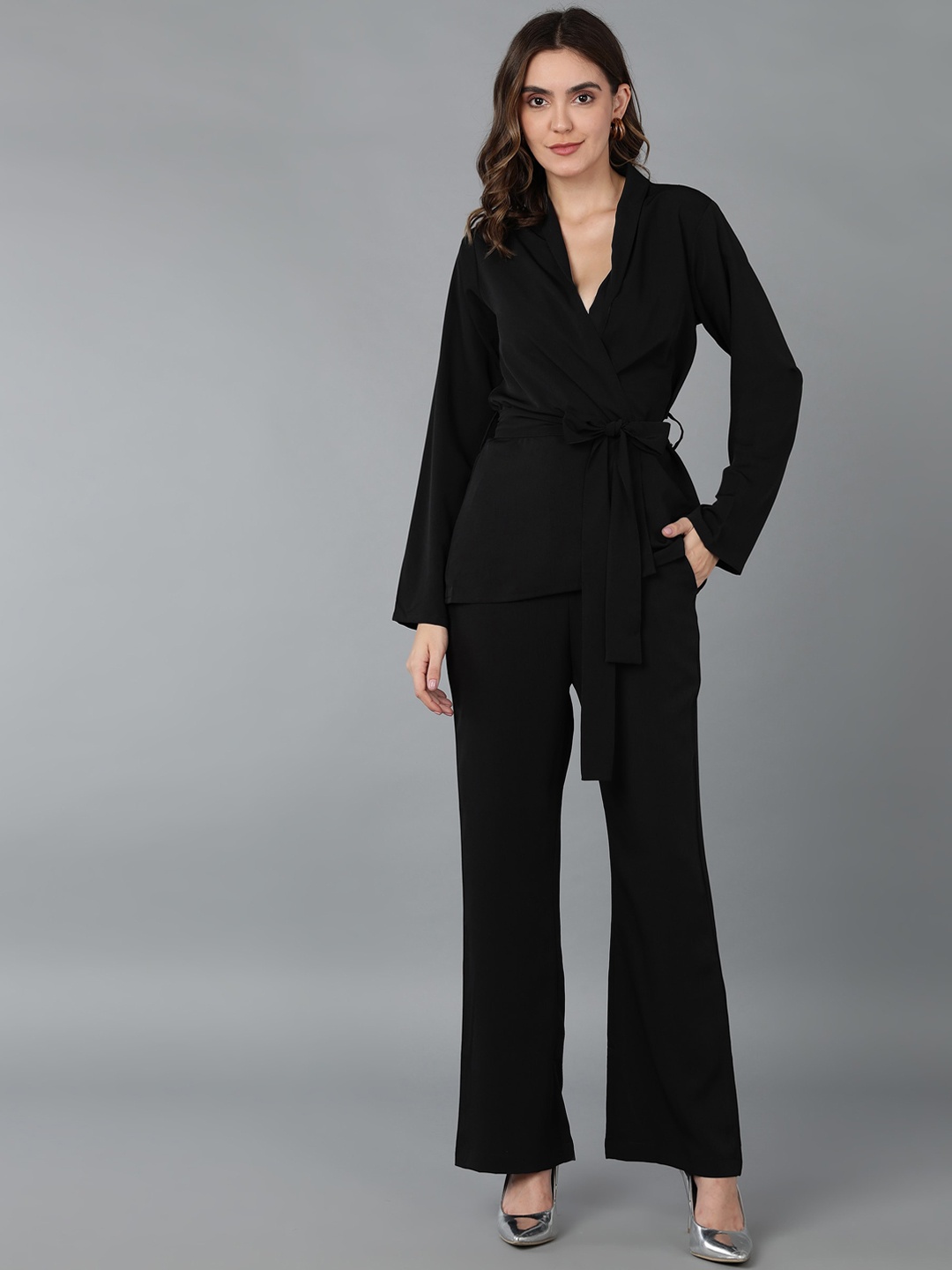 

Fashfun Shawl Neck Long Sleeves Top & Trousers, Black