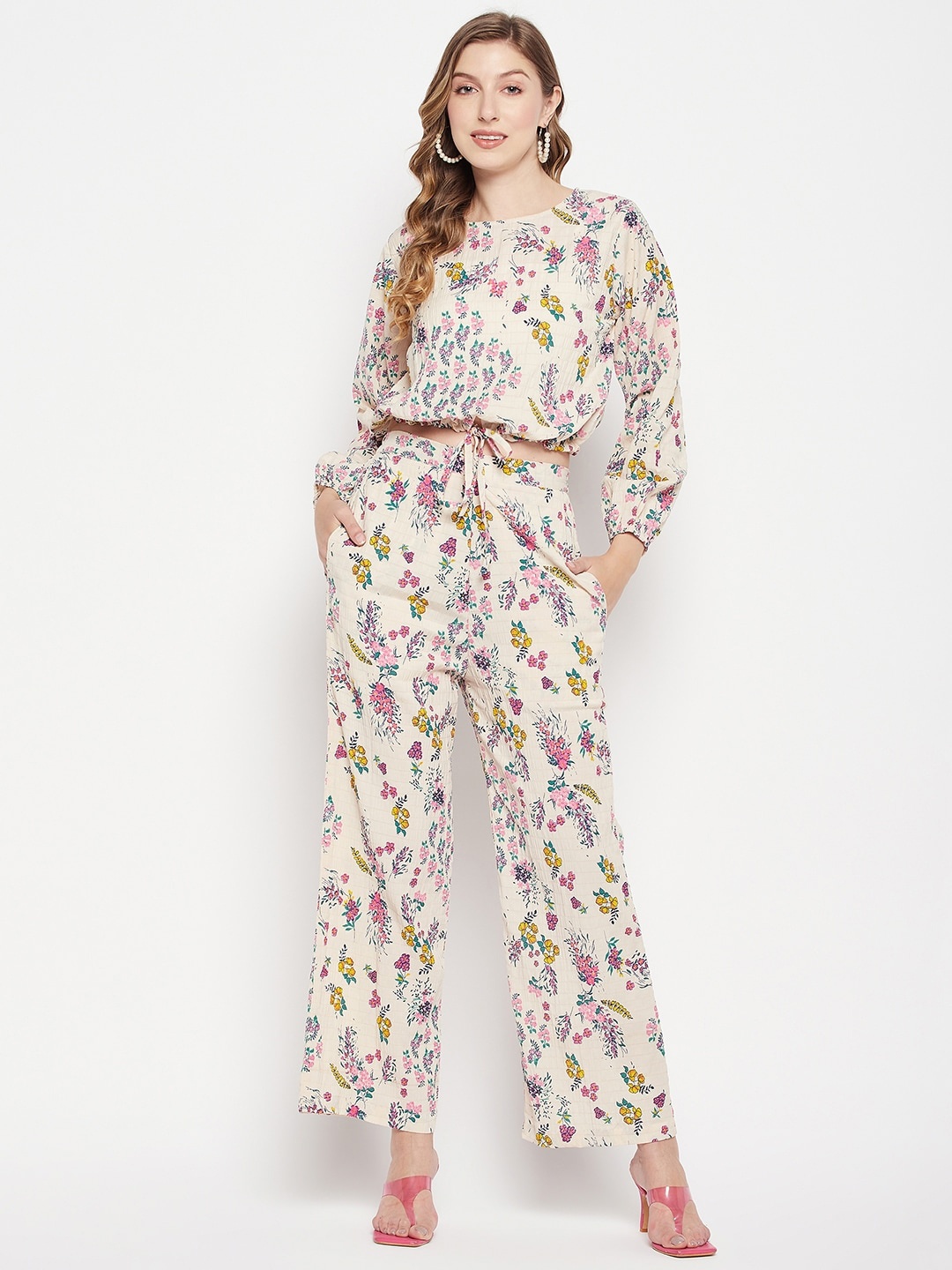 

Fashfun Floral Printed Crop Top & Trouser, Cream