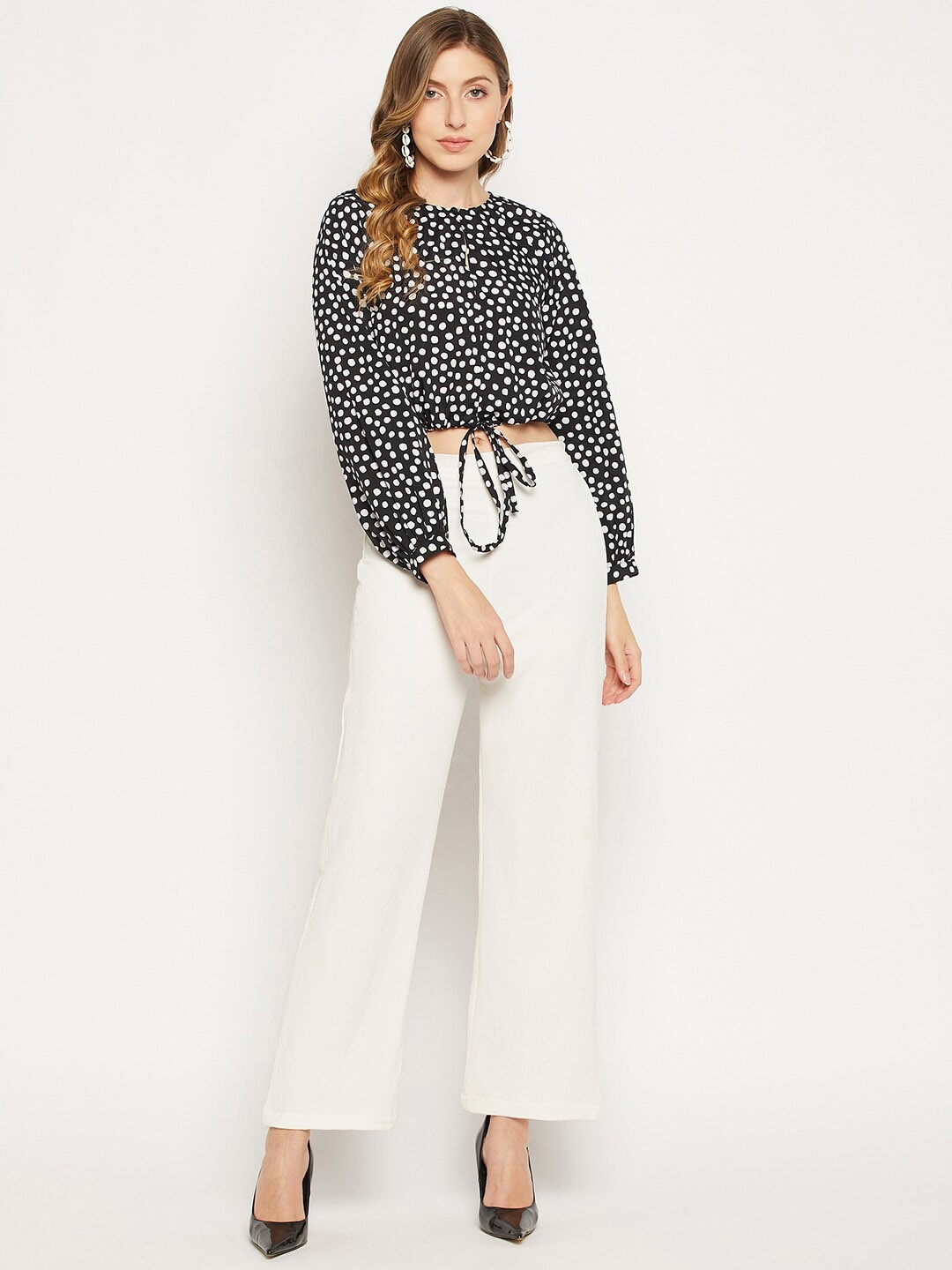 

Fashfun Polka Dot Printed Round Neck Top & Trousers, Black