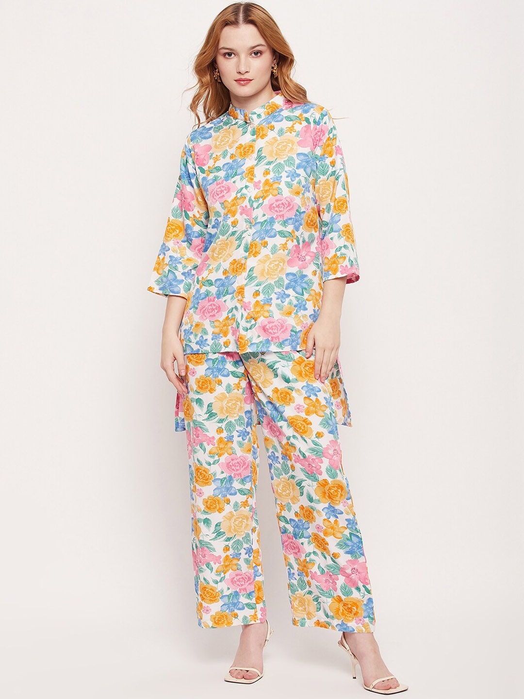 

Fashfun Printed Mandarina Collar Top With Trousers, White