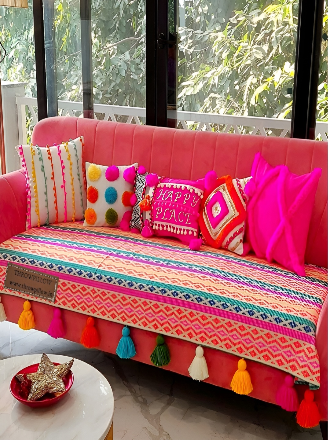 

THROWPILLOW Pink & Yellow Printed Anti Slip Tassels 4 Seater Sofa Cover