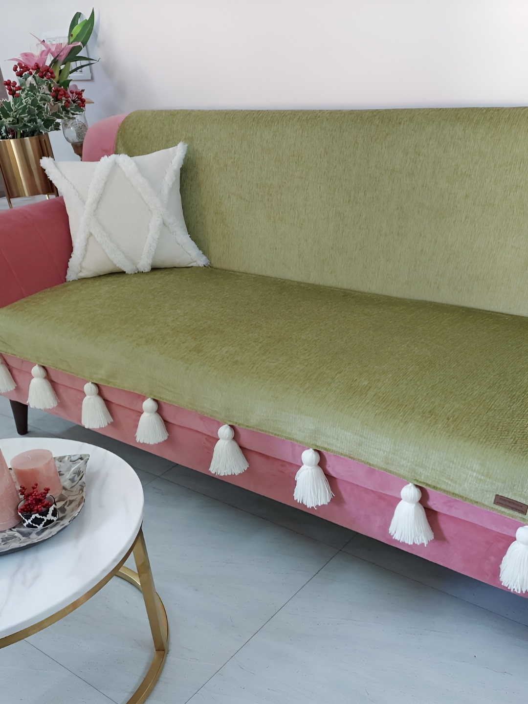 

THROWPILLOW Olive Green & Off White Anti Slip Tassels Sofa Cover
