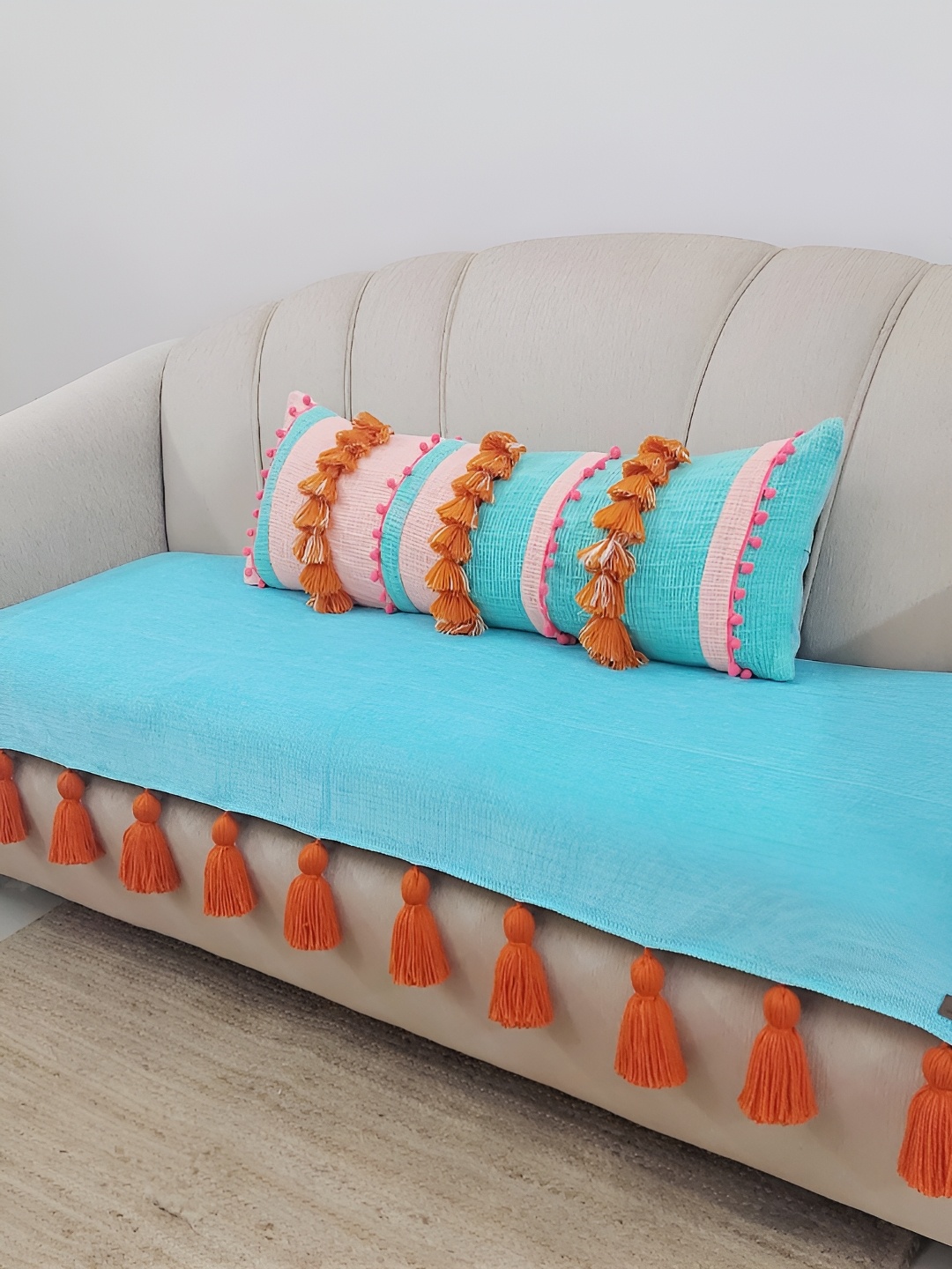 

THROWPILLOW Turquoise Blue & Orange Anti Slip Tassels 4 Seater Sofa Cover