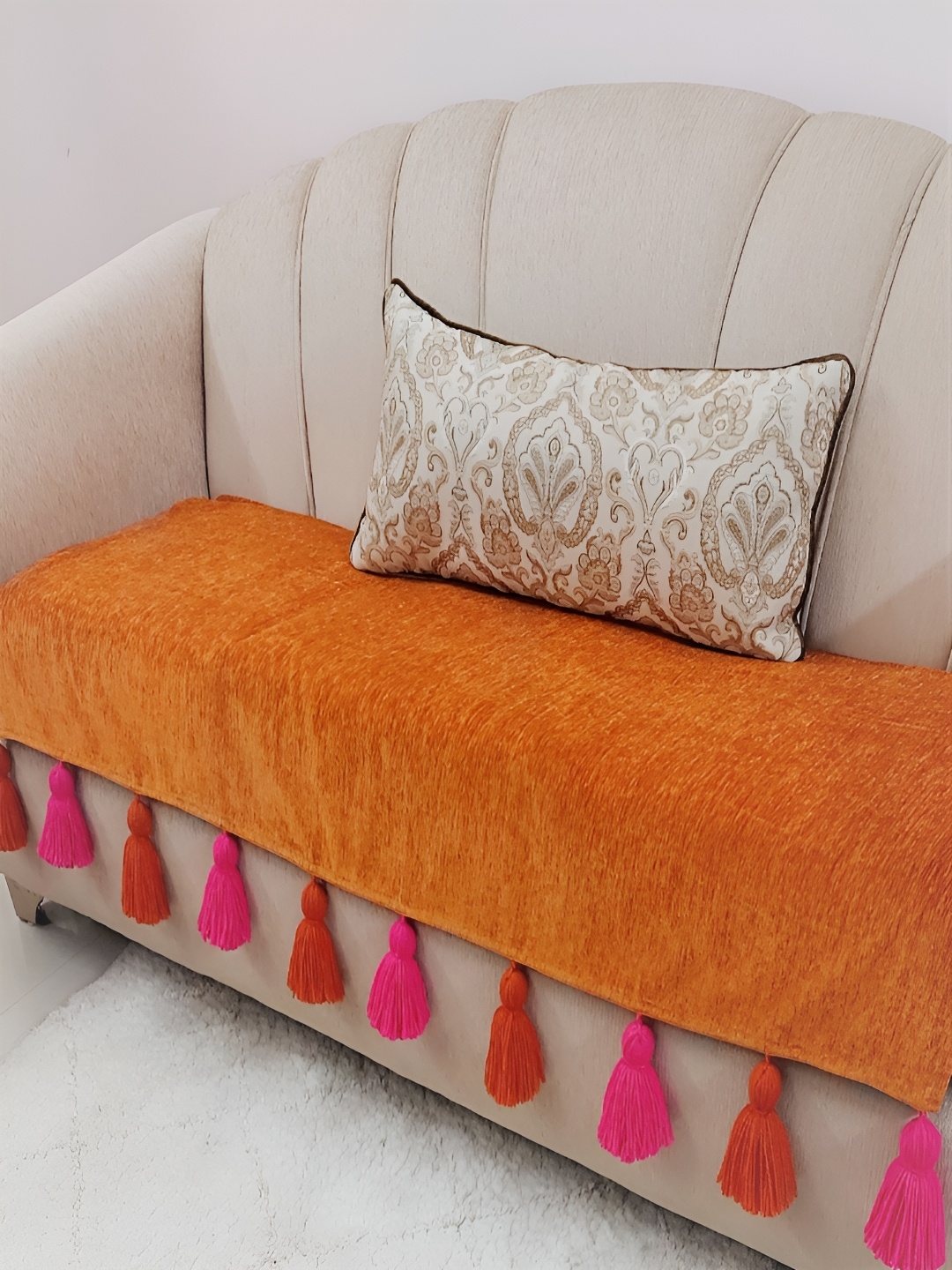 

THROWPILLOW Orange & Pink Anti Slip Tassels 4 Seater Sofa Cover