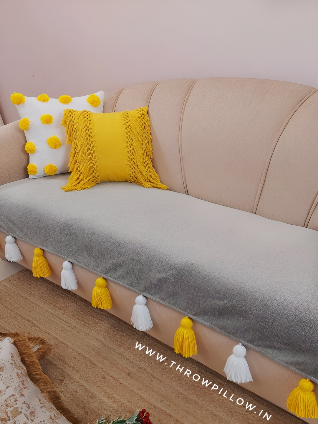 

THROWPILLOW Grey & Yellow Anti Slip Tassels 4 Seater Sofa Cover