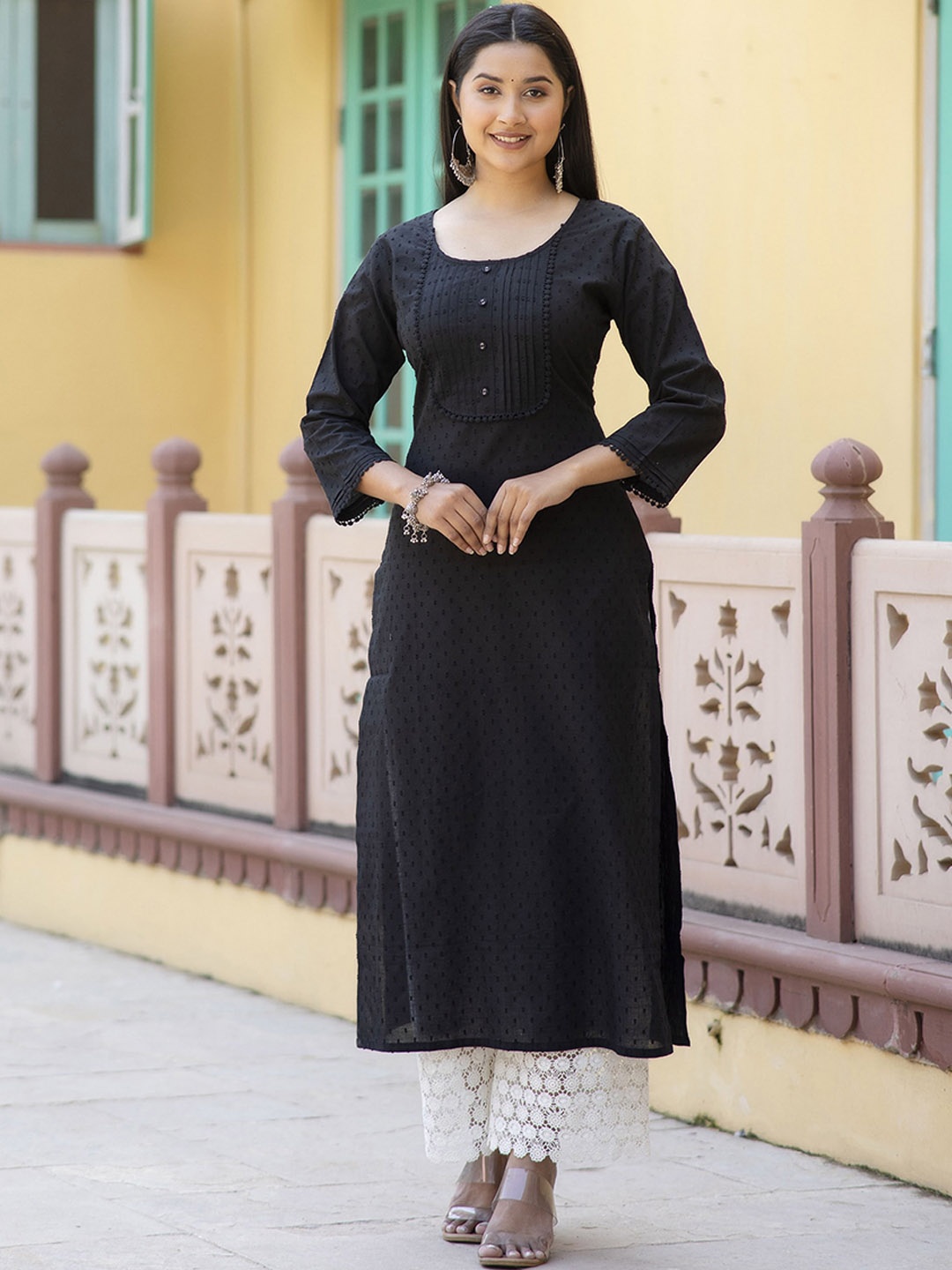 

Nayo Woven Design Cotton Straight Kurta, Black