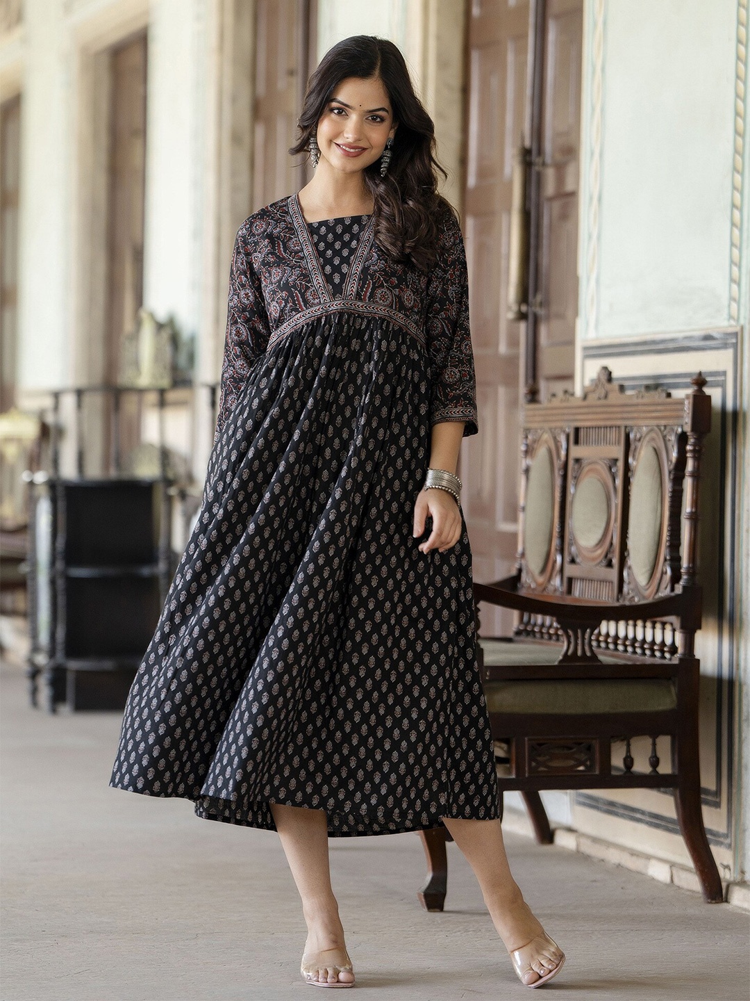 

Nayo Ethnic Motifs Printed Cotton Empire Midi Dress, Black
