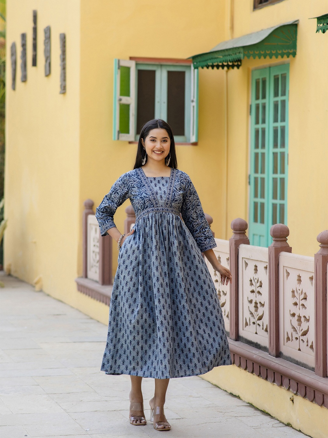 

Nayo Ethnic Motifs Printed Cotton Fit And Flare Midi Dress, Blue