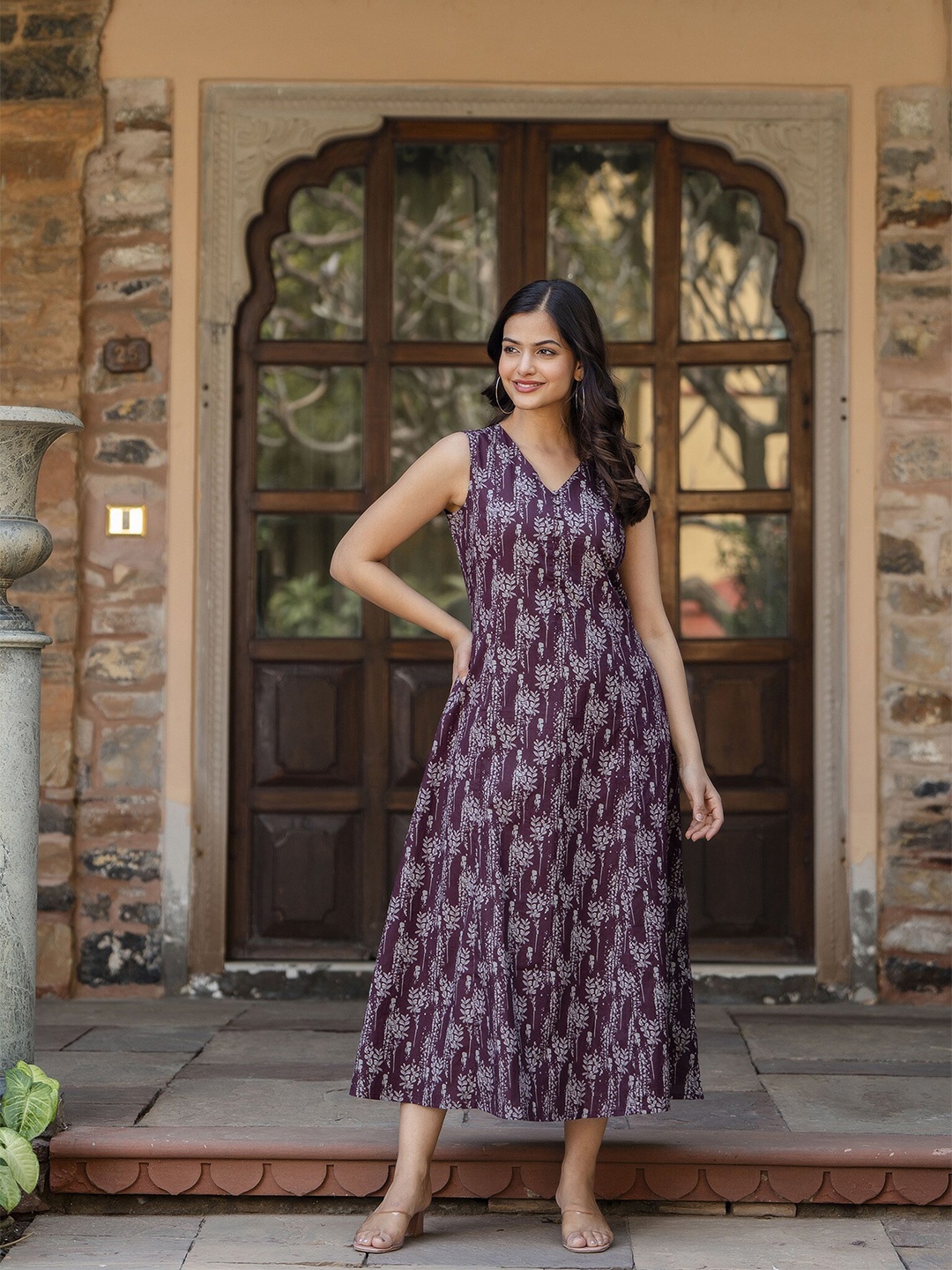 

Nayo Printed A-line Dress, Burgundy