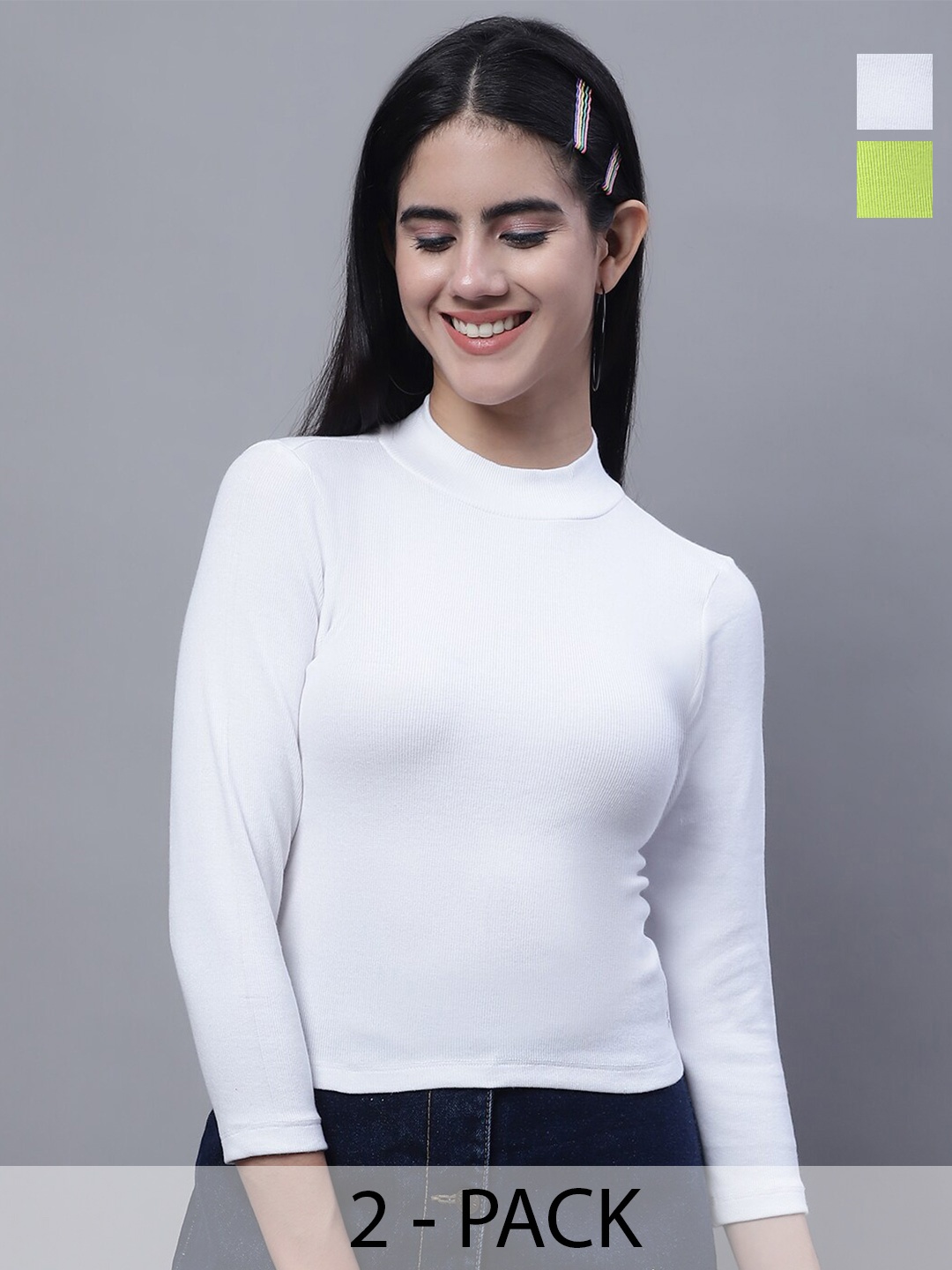 

FBAR Pack Of 2 High Neck Bio Wash Cotton Fitted Tops, White