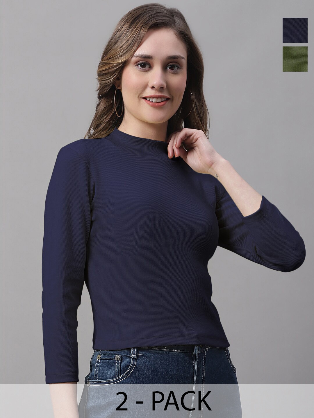 

FBAR Pack Of 2 High Neck Bio Wash Cotton Fitted Tops, Navy blue
