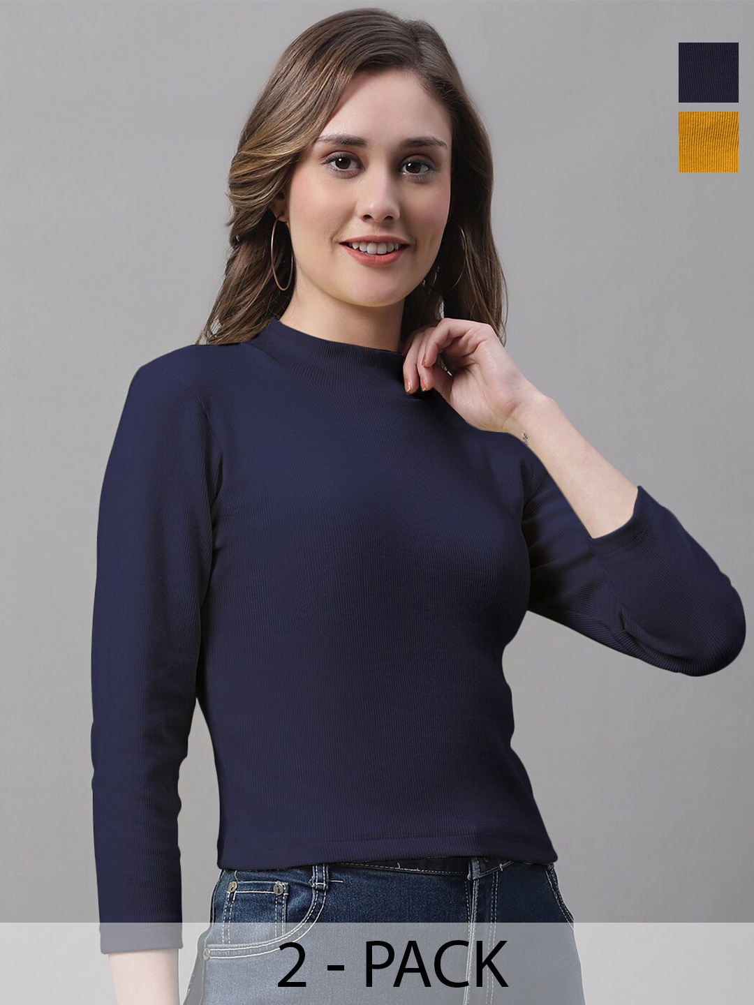 

FBAR Pack Of 2 High Neck Bio Wash Cotton Fitted Tops, Navy blue