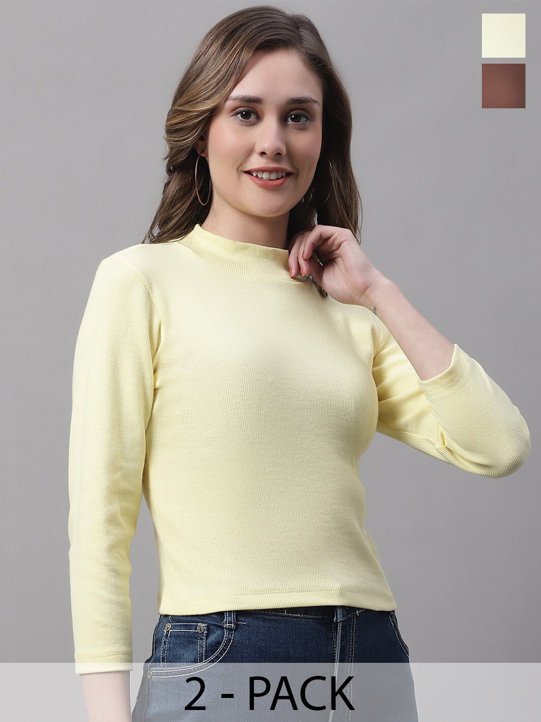 

FBAR Pack of 2 High Neck Fitted Tops, Yellow