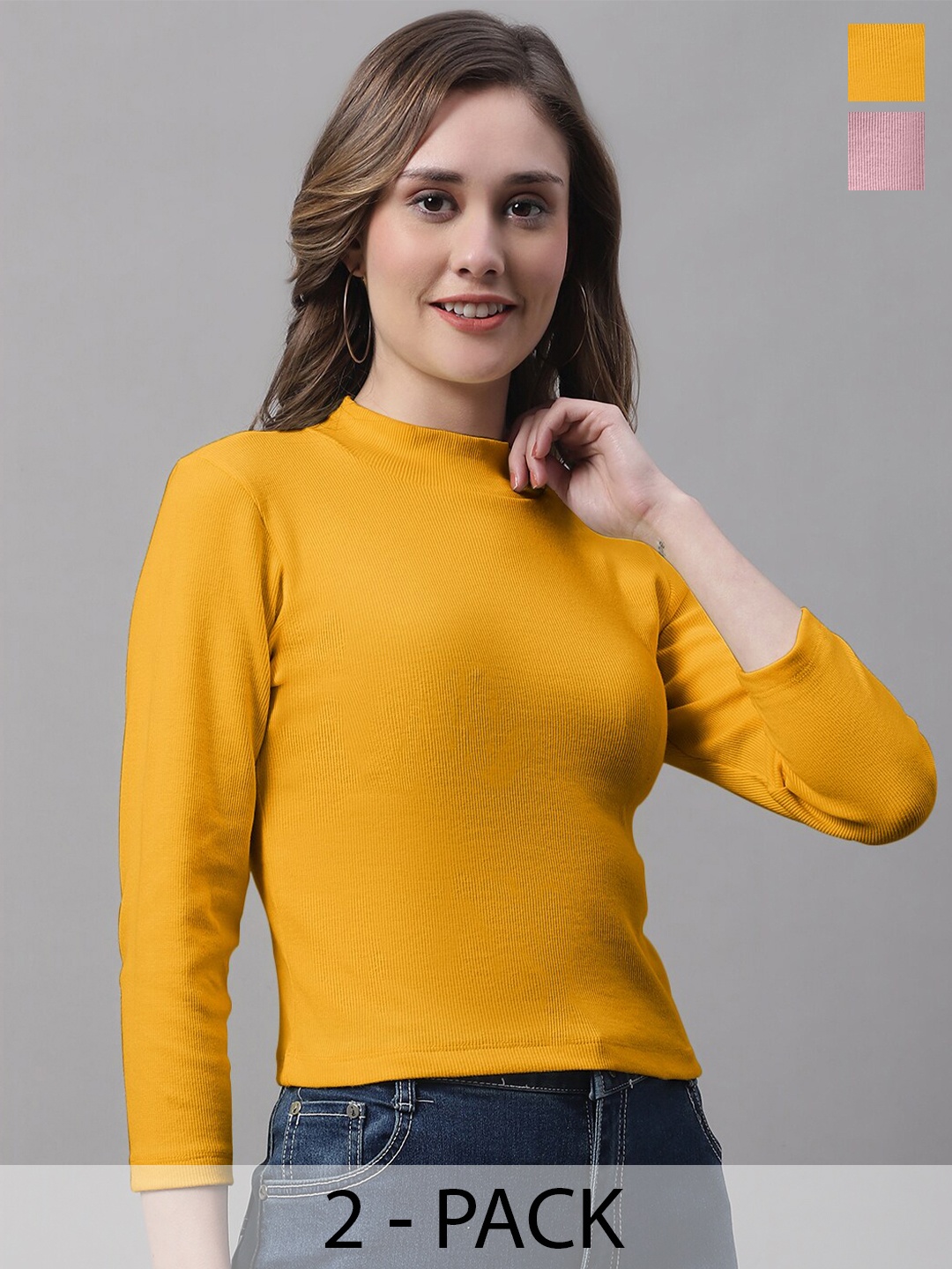 

FBAR Pack of 2 High Neck Fitted Tops, Mustard