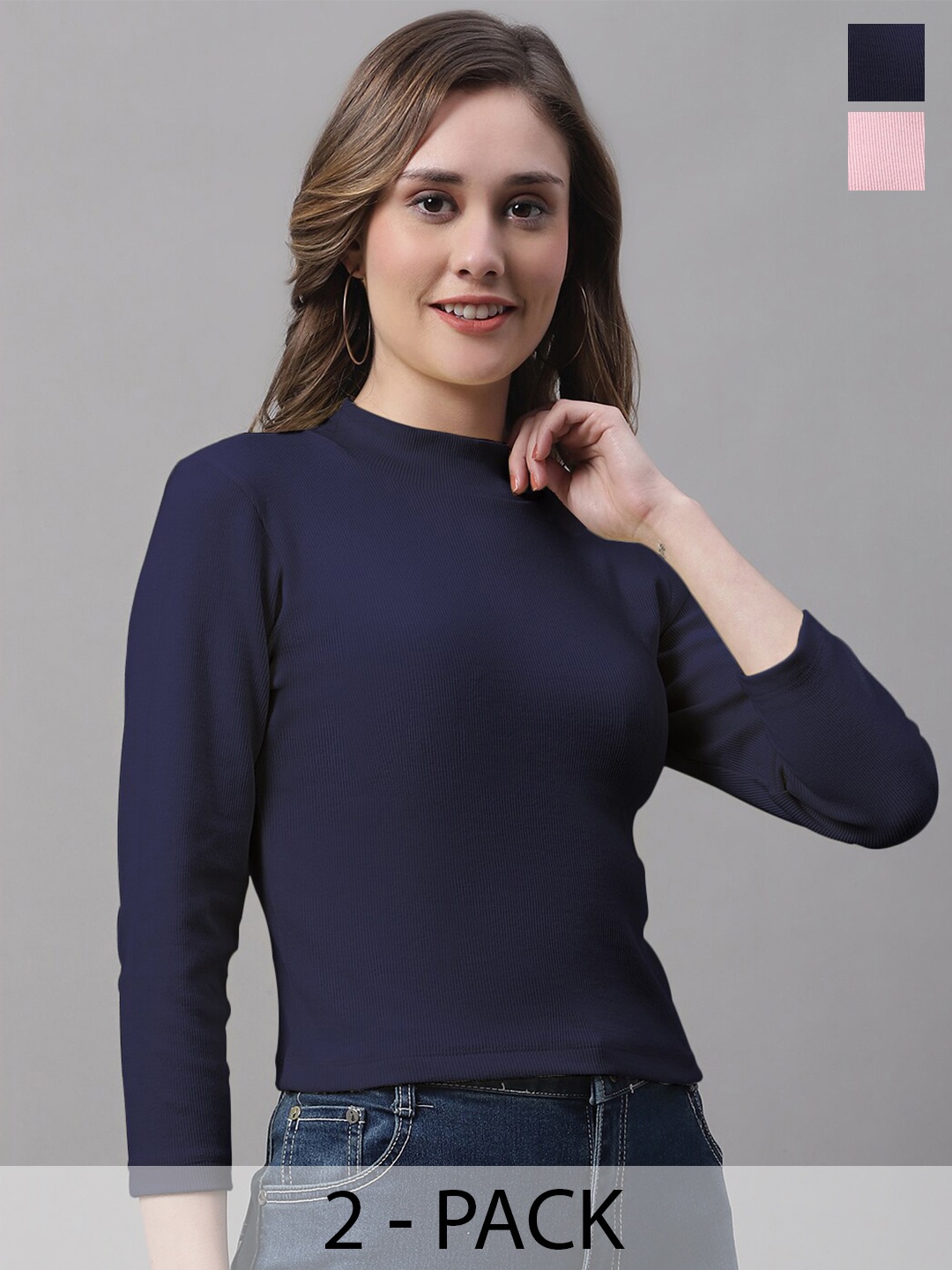 

FBAR Pack of 2 High Neck Fitted Tops, Navy blue