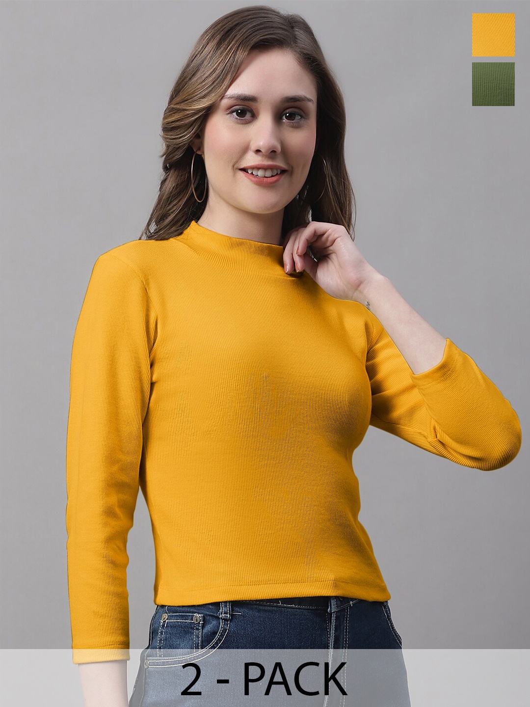 

FBAR Pack of 2 High Neck Fitted Tops, Mustard