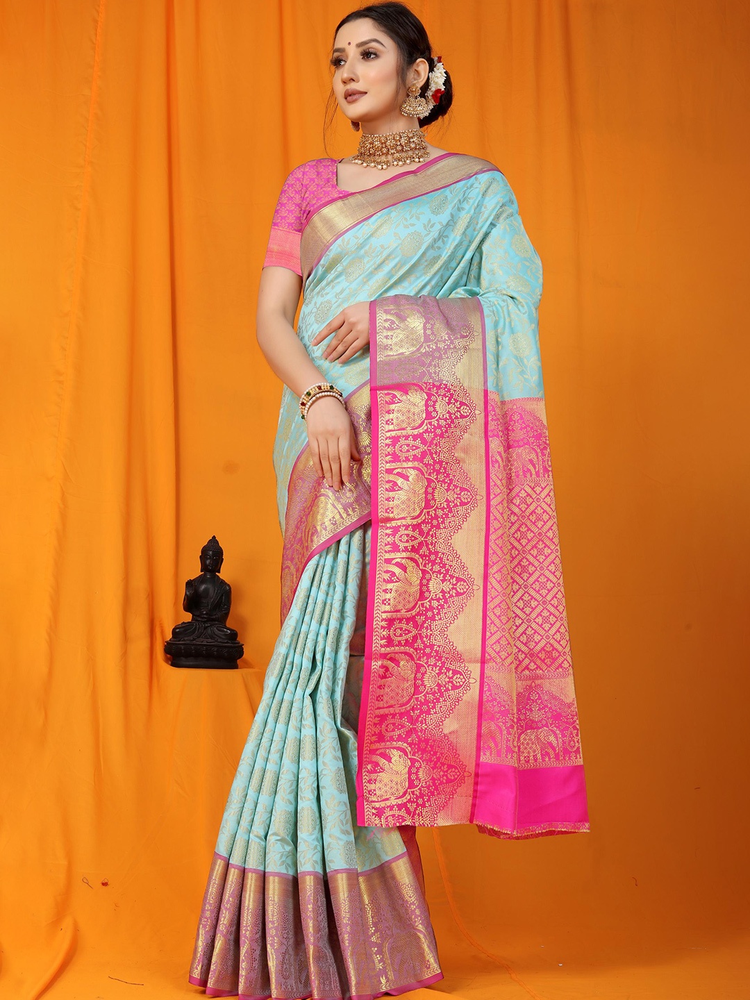 

Royal Rajgharana Saree Woven Design Zari Silk Cotton Kanjeevaram Sarees, Sea green