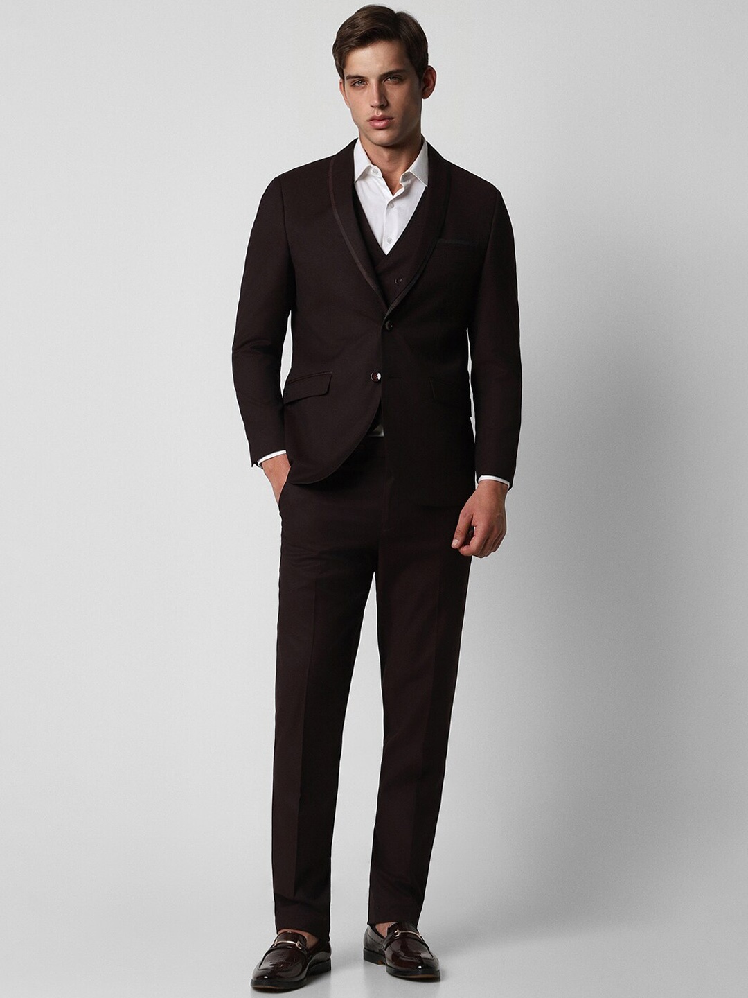 

Van Heusen Self-Design Slim-Fit Single-Breasted Three-Piece Party Suit, Brown