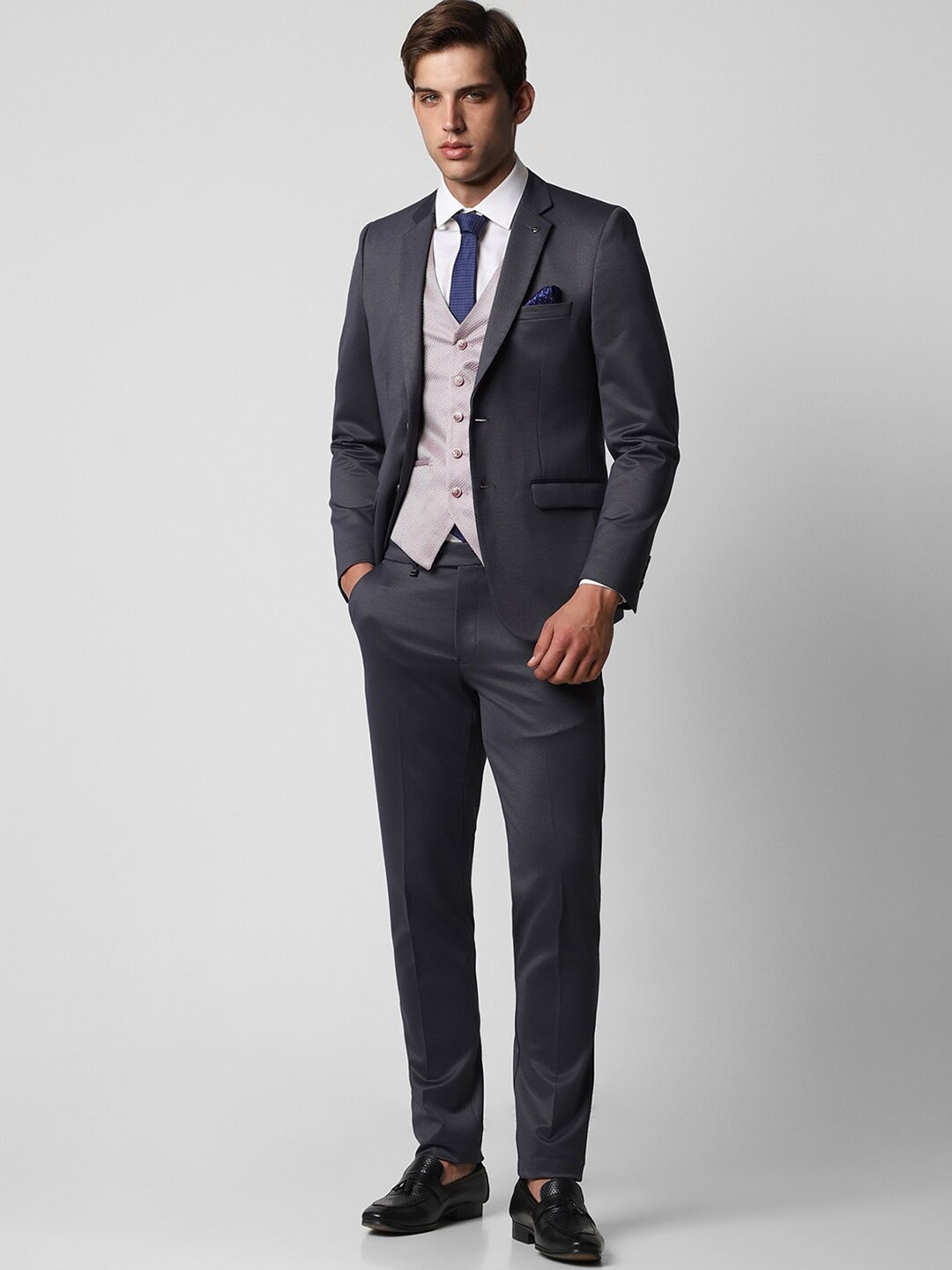 

Van Heusen Textured Slim Fit Three Piece Wedding Suit, Grey