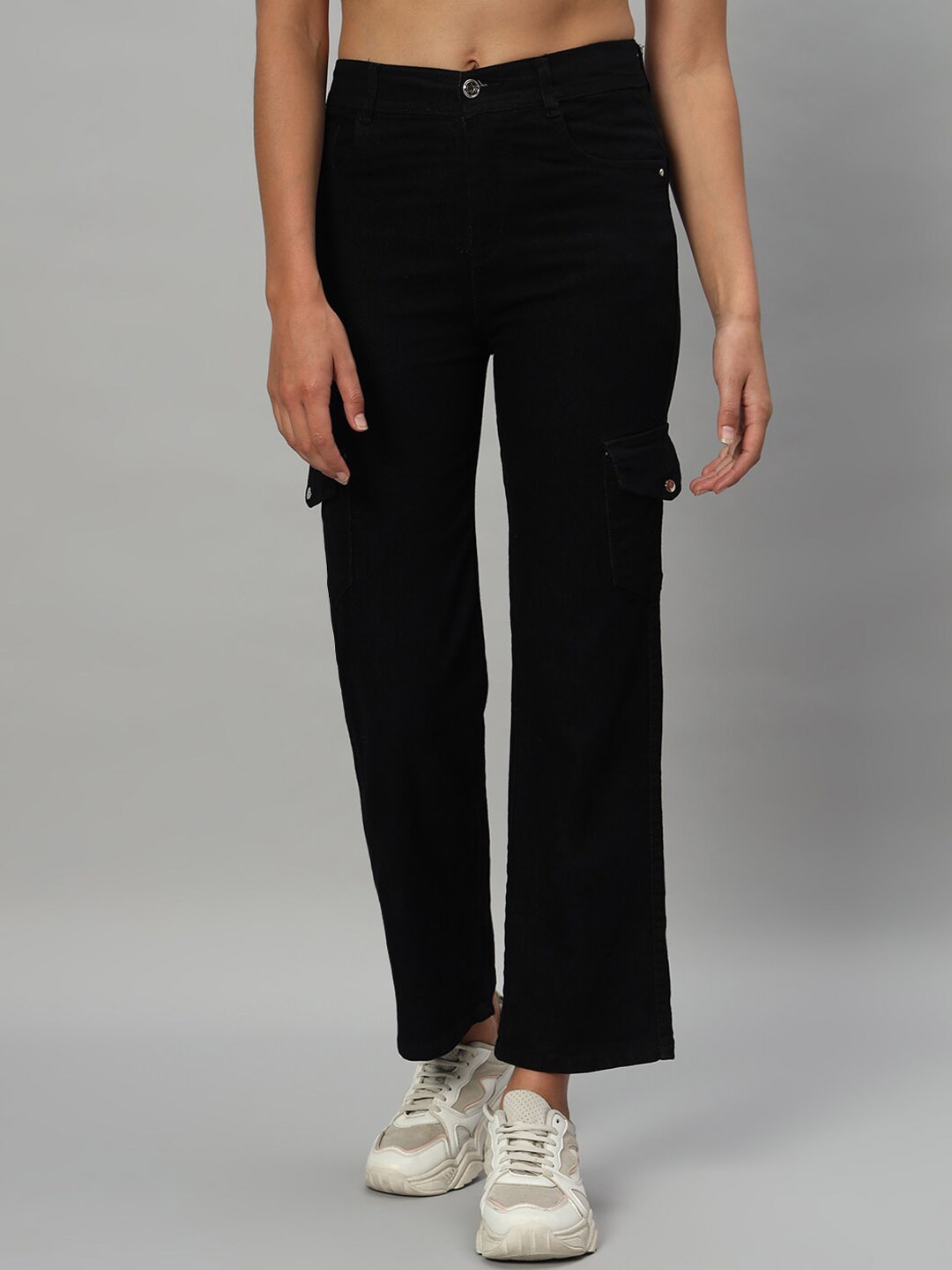 

BROOWL Women Classic Straight Fit High-Rise Stretchable Cargo Jeans, Black