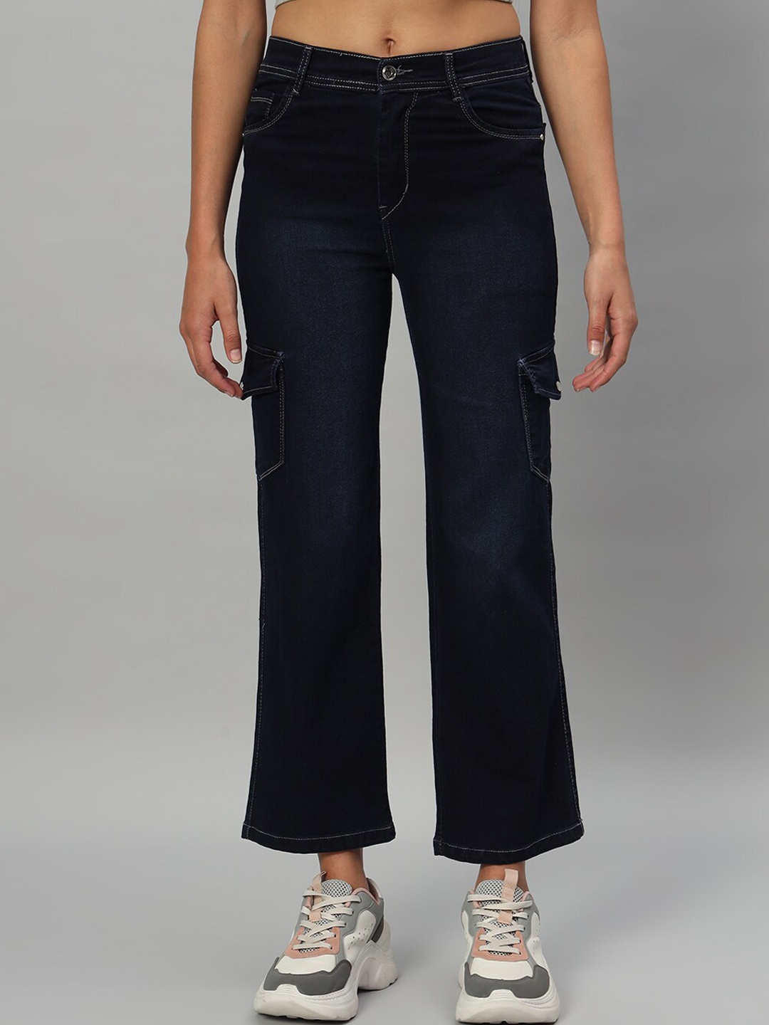 

BROOWL Women Classic Straight Fit High-Rise Clean Look Stretchable Jeans, Navy blue