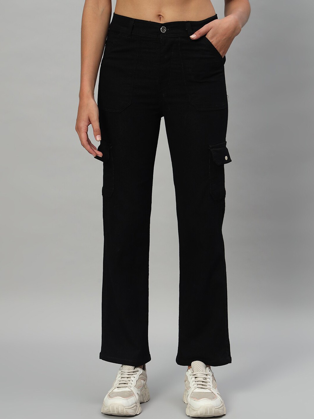 

BROOWL Women Classic Straight Fit High-Rise Clean Look Stretchable Cargo Jeans, Black