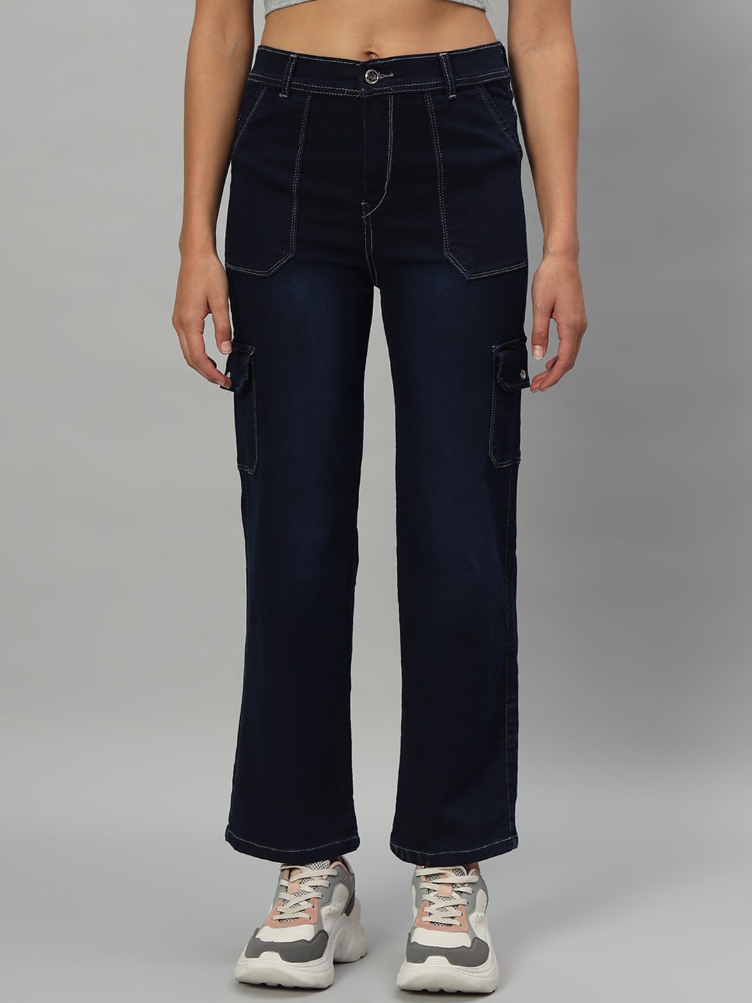 

BROOWL Women Classic Straight Fit High-Rise Clean Look Stretchable Jeans, Navy blue