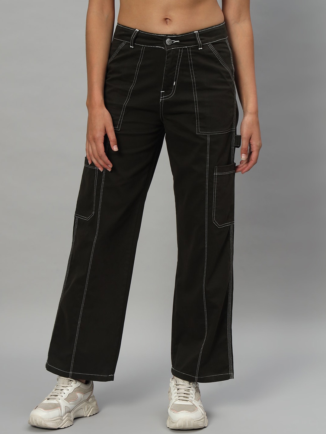 

BROOWL Women Relaxed Loose Fit High-Rise Cargo Trousers, Black