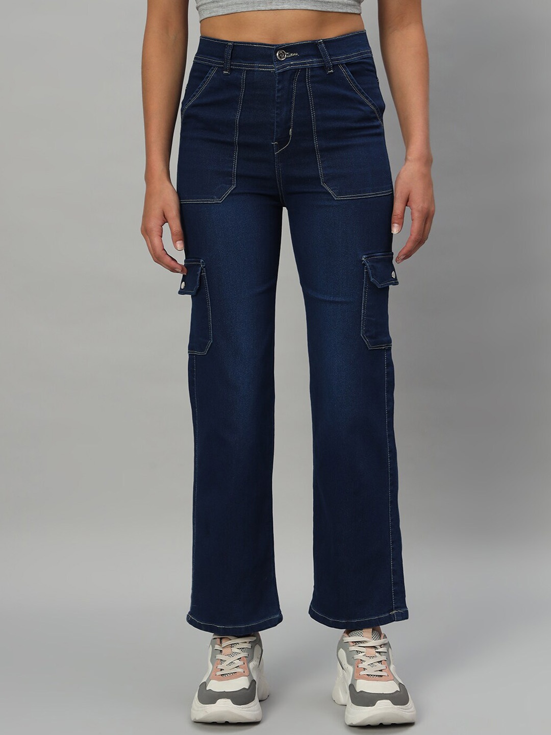 

BROOWL Women Classic Straight Fit High-Rise Clean Look Stretchable Jeans, Navy blue