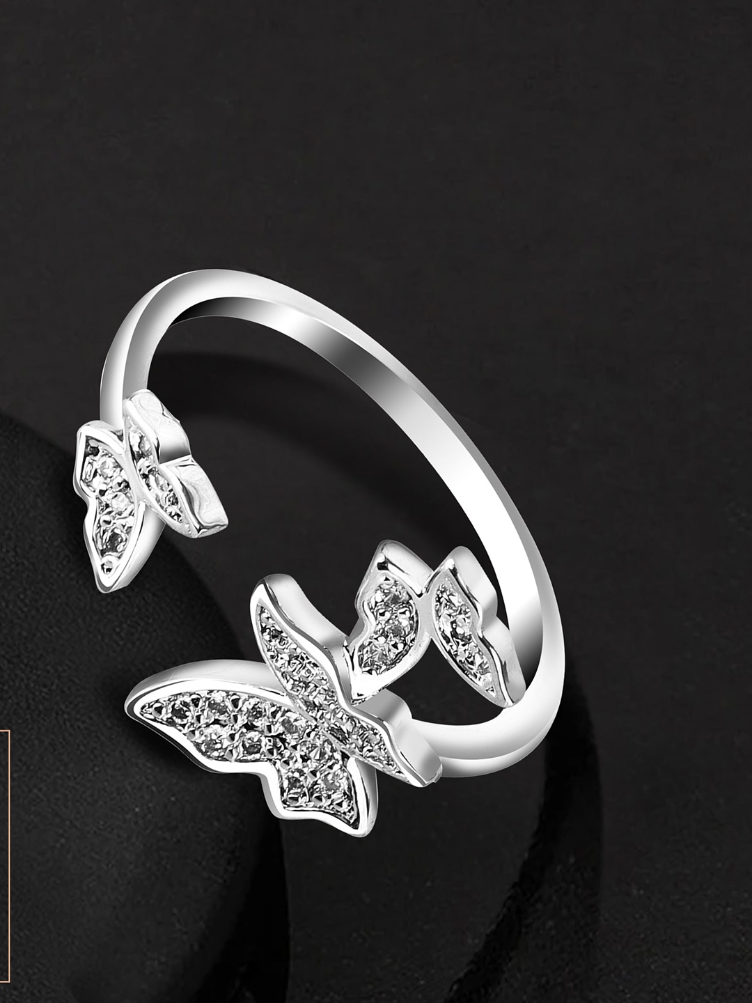 

RARE1STUDIO Silver-Plated Cubic Zirconia Studded Butterfly Shaped Adjustable Finger Ring