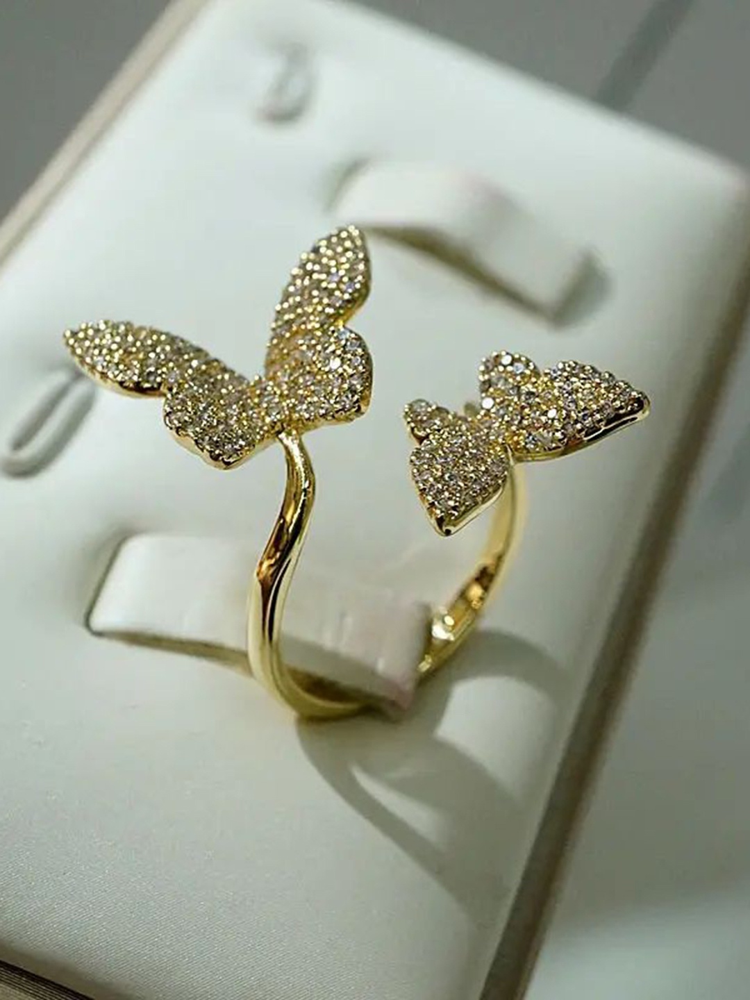 

RARE1STUDIO Gold-Plated Cubic Zirconia-Studded Butterfly Adjustable Finger Ring