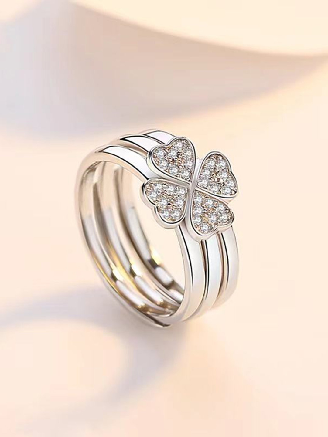 

RARE1STUDIO Silver-Plated Cubic Zirconia Studded 3 In 1 Open Heart Leaf Finger Ring