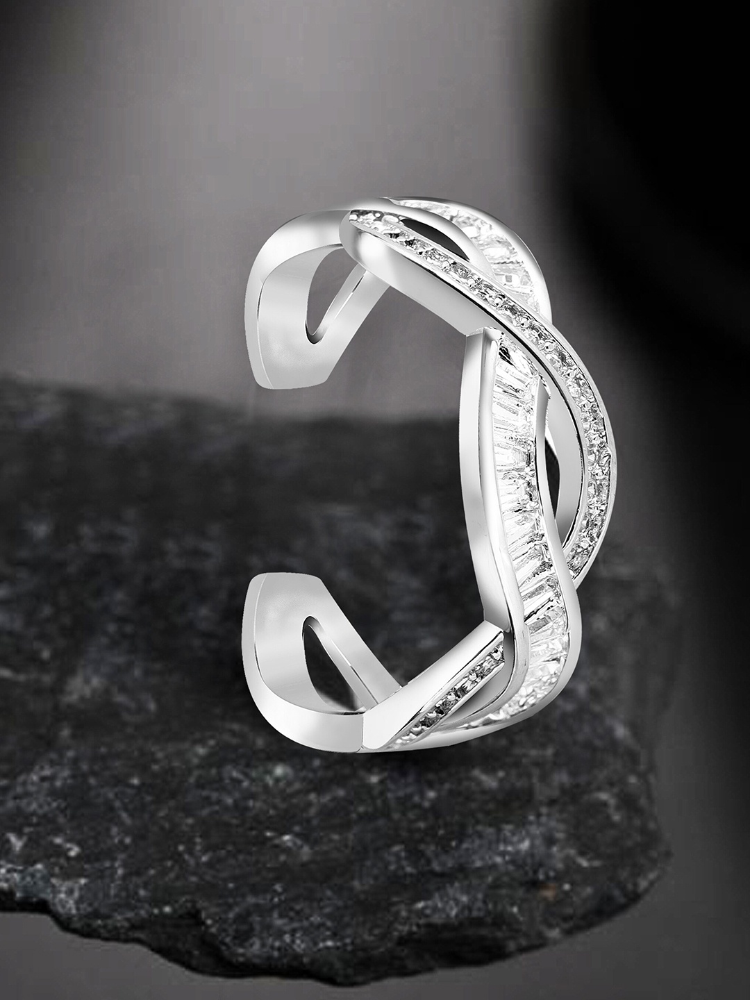 

RARE1STUDIO Silver Plated Cubic Zirconia Studded Adjustable Finger Ring
