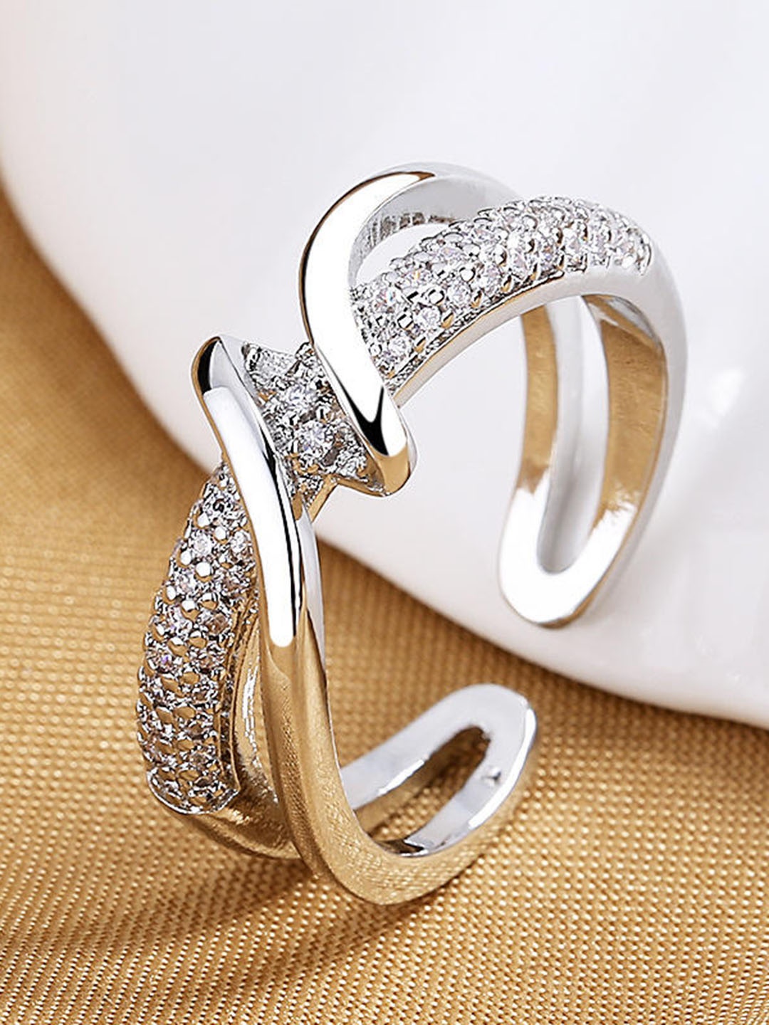 

RARE1STUDIO Silver-Plated Cubic Zirconia Studded Adjustable Finger Ring