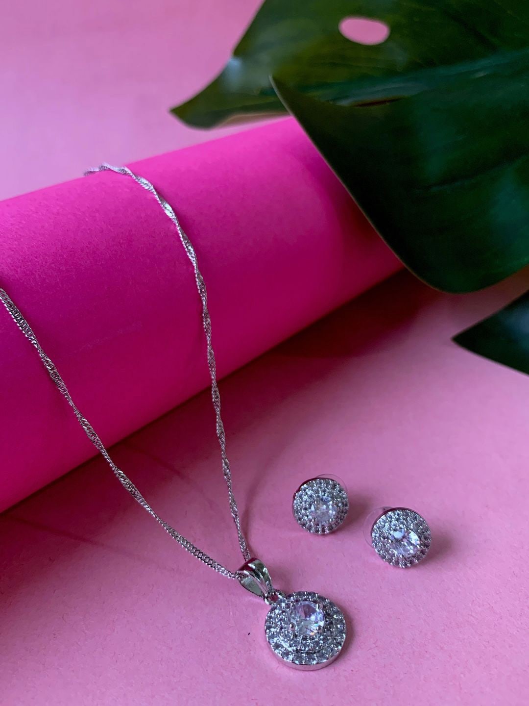

I Jewels Silver Plated CZ American Diamond Jewellery Set