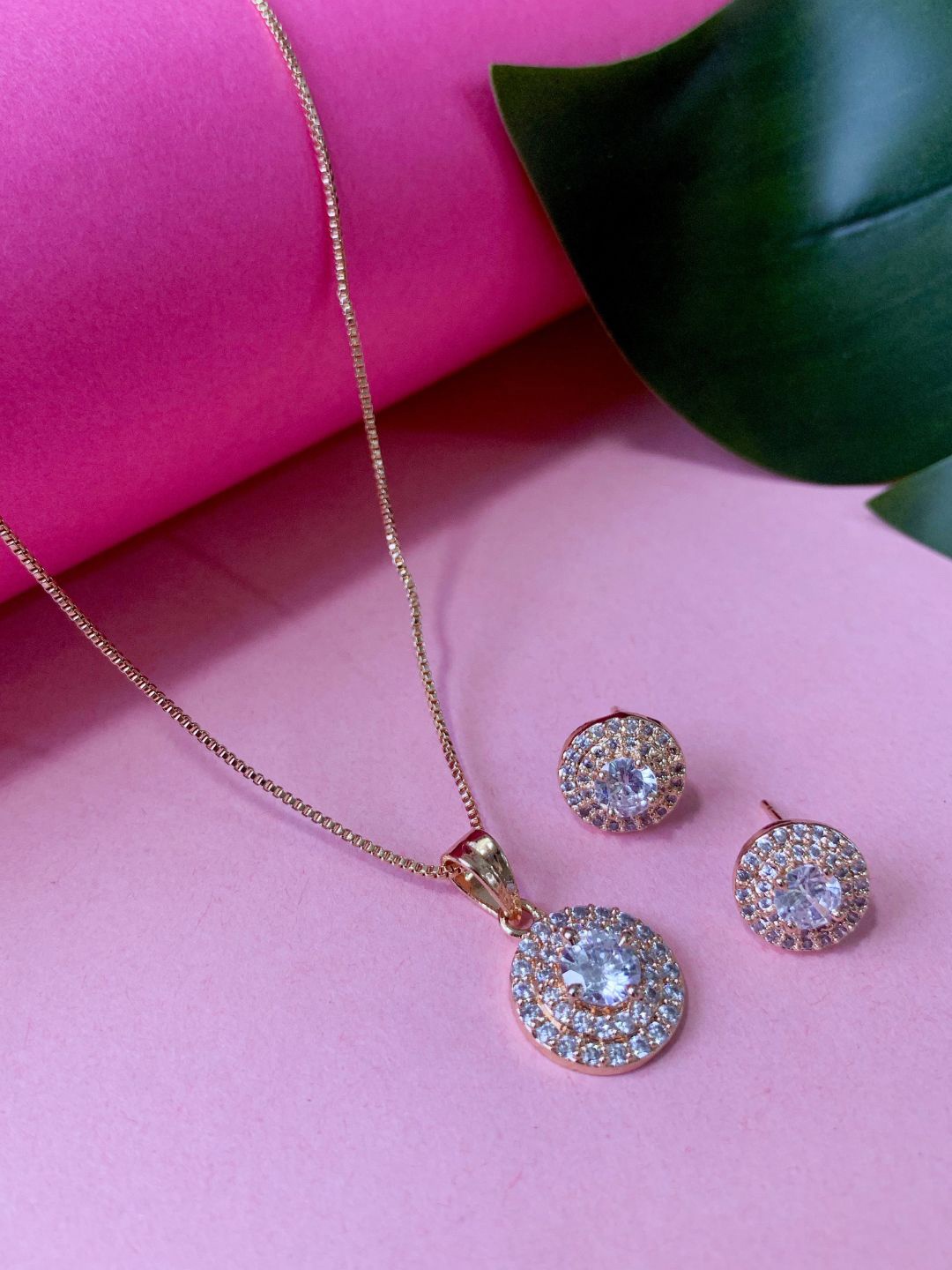 

I Jewels Rose Gold Plated CZ Studded Jewellery Set