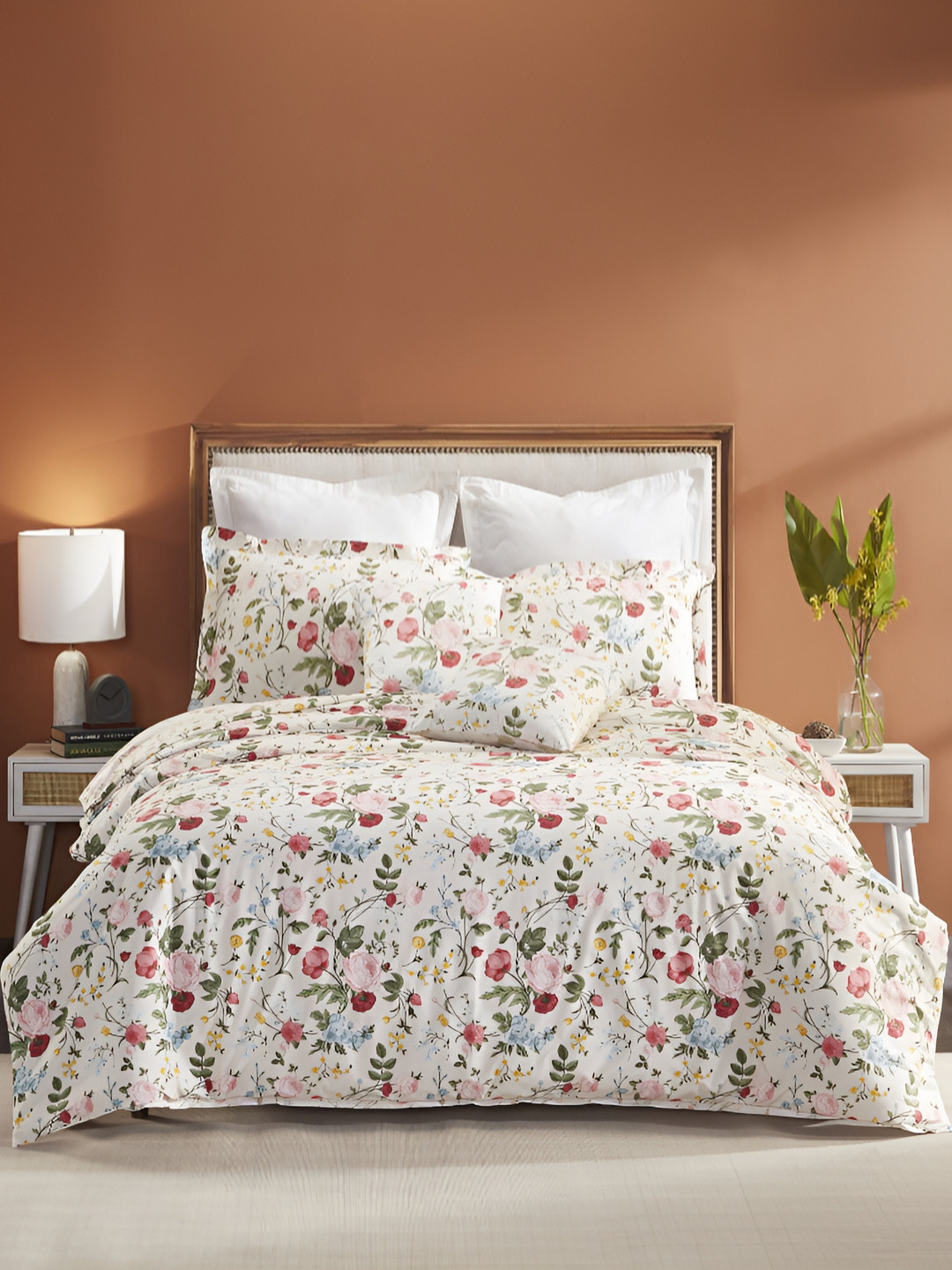

HOUMN White & Green Floral Printed Pure Cotton Duvet Cover Set