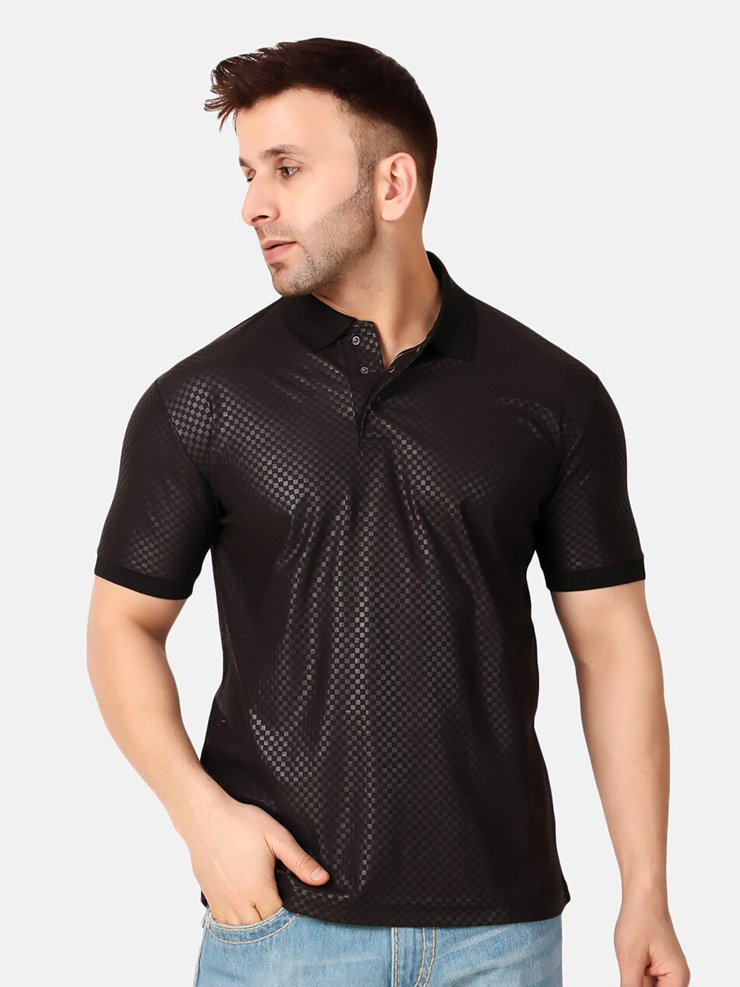 

WELL QUALITY Self Design Polo Collar T-shirt, Black