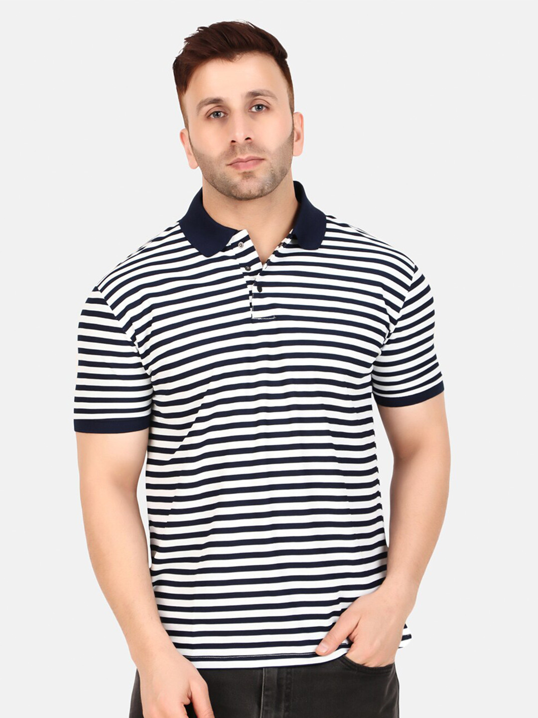

WELL QUALITY Striped Polo Collar T-shirt, Navy blue